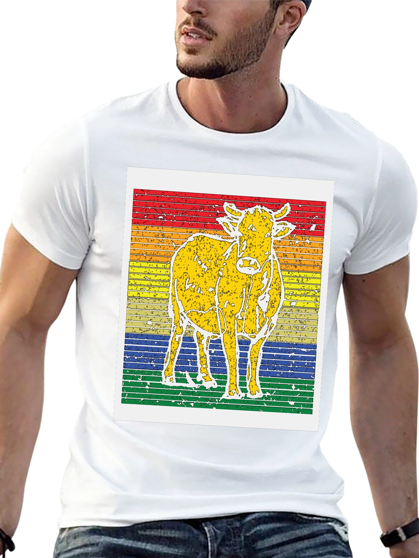 Retro Cow Graphic Tee - Striped Background Unisex T-Shirt