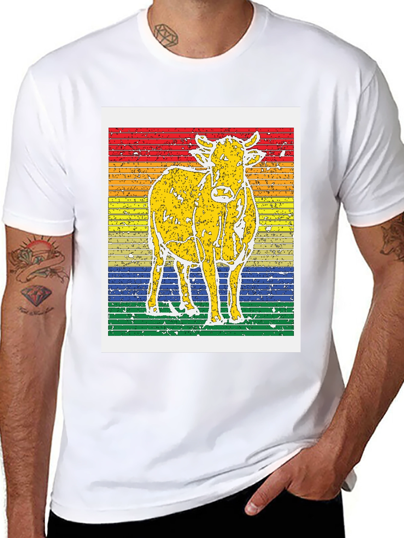 Retro Cow Graphic Tee - Striped Background Unisex T-Shirt