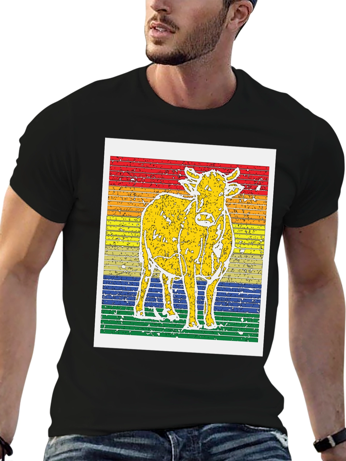 Retro Cow Graphic Tee - Striped Background Unisex T-Shirt