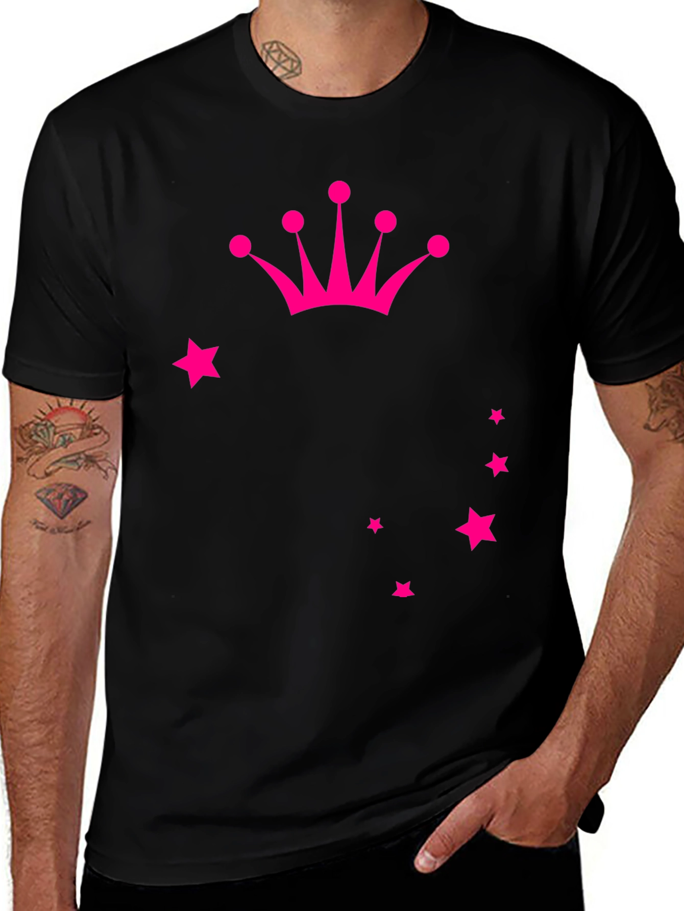 Crown & Stars Graphic Tee - Casual Black T-Shirt