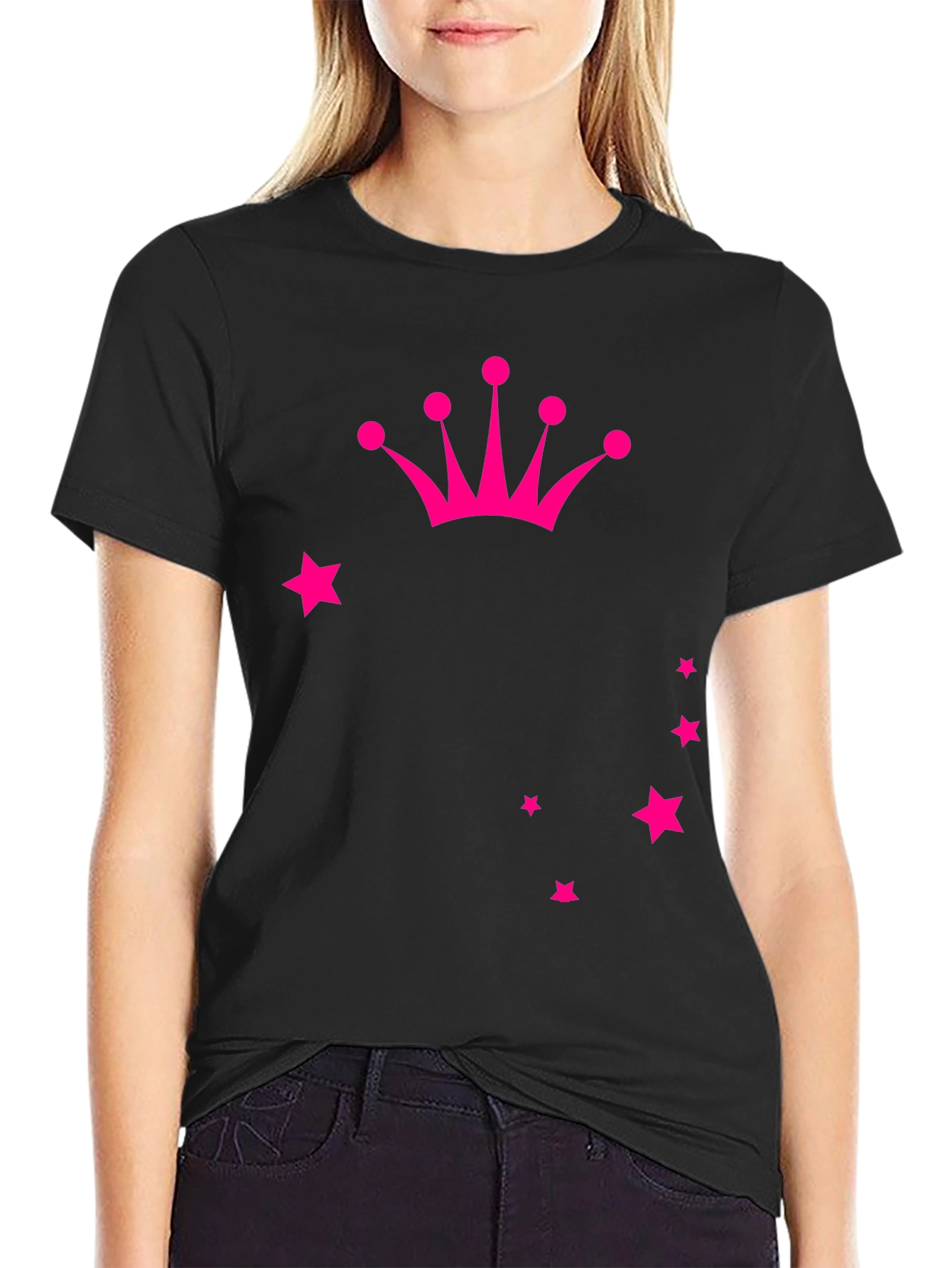 Crown & Stars Graphic Tee - Casual Black T-Shirt