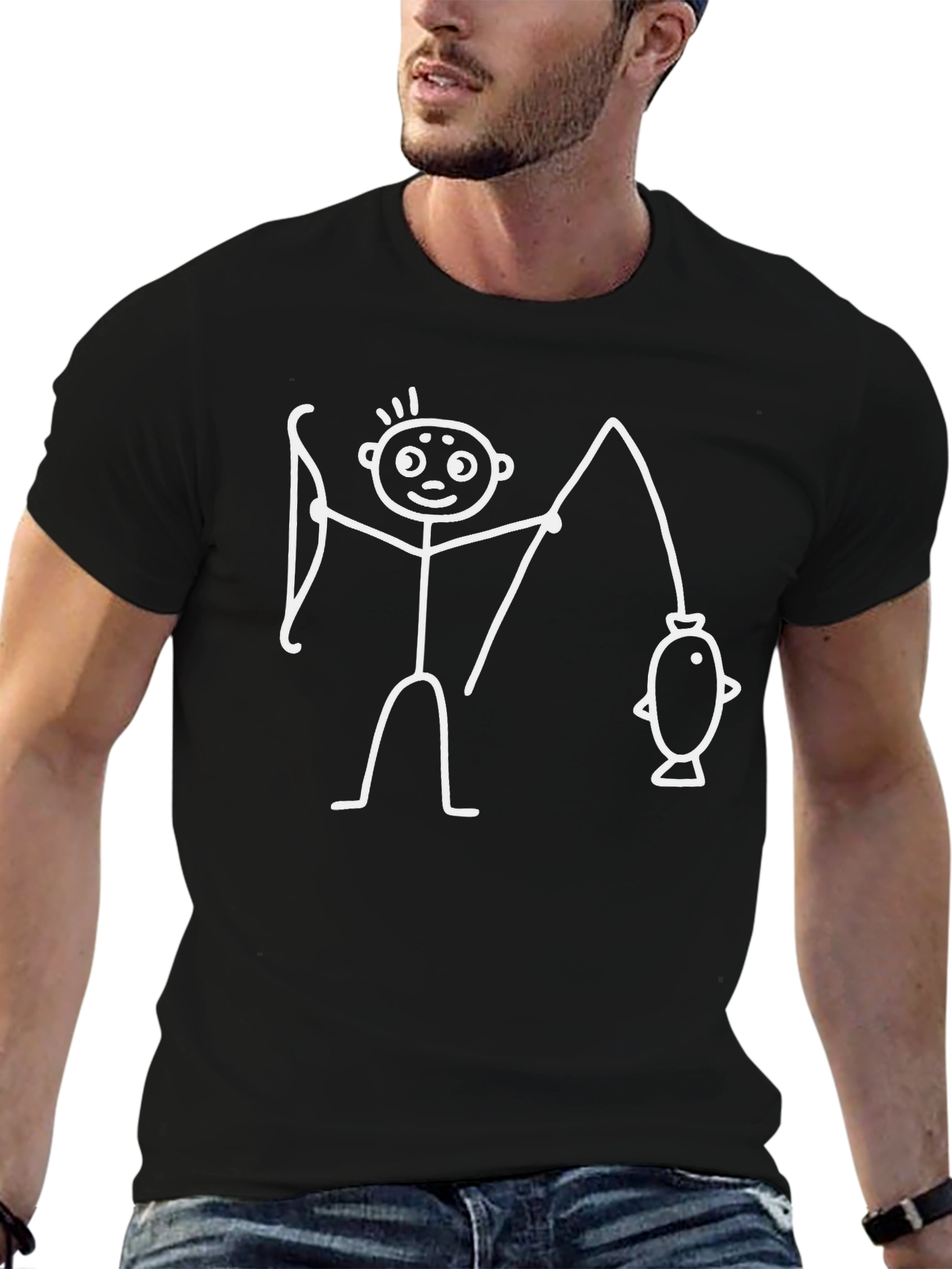 Funny Fisherman Stick Figure Black T-Shirt