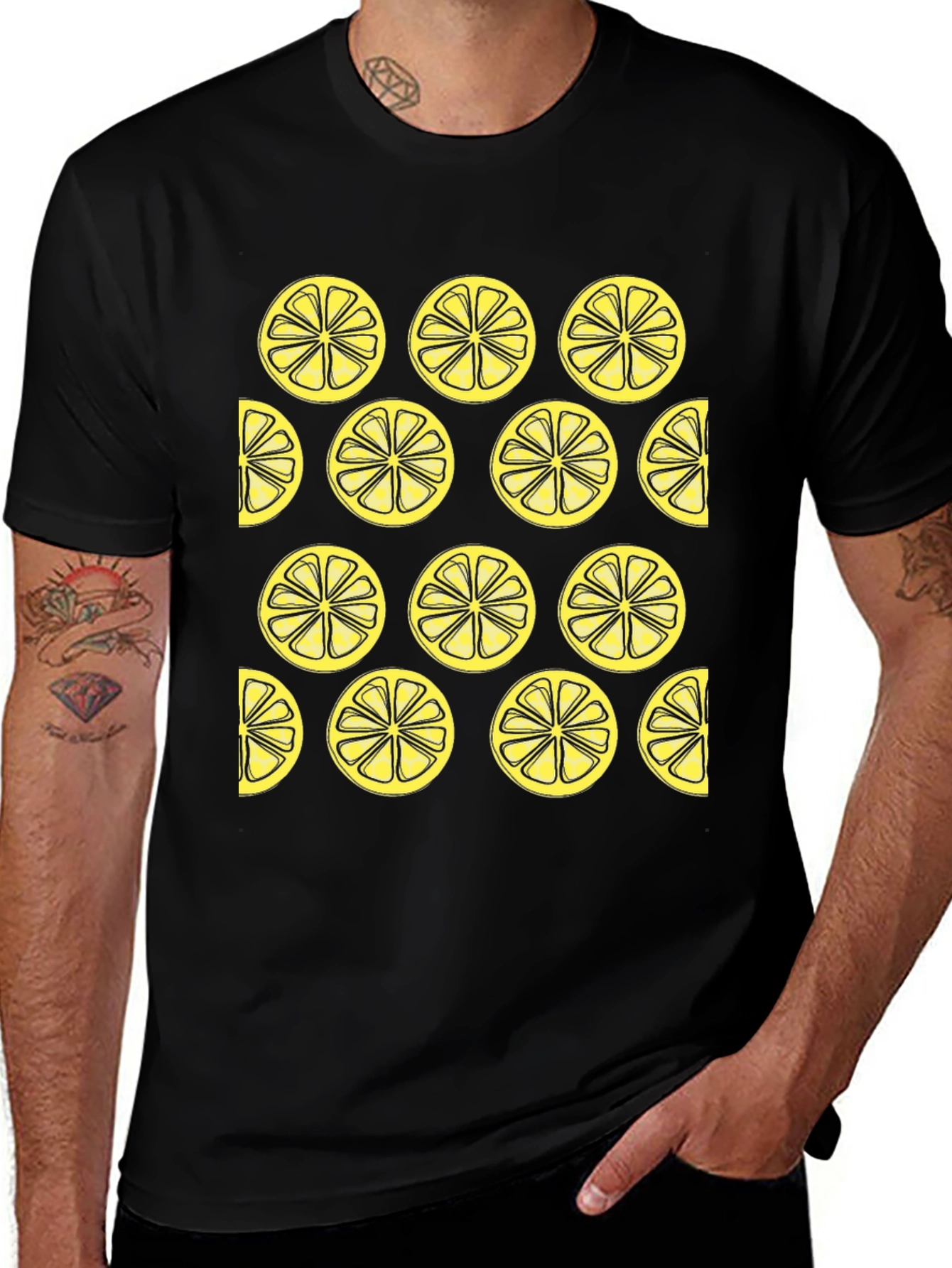 Lemon Slice Pattern Black Crewneck T-Shirt