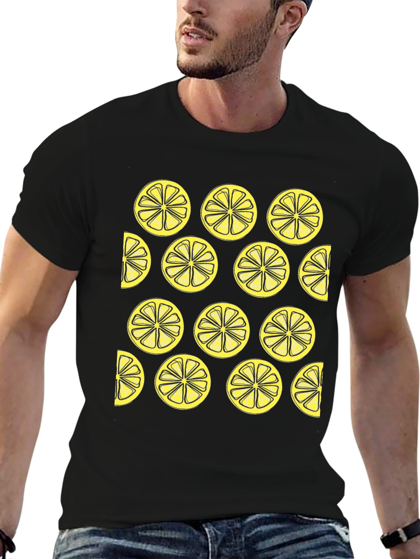 Lemon Slice Pattern Black Crewneck T-Shirt