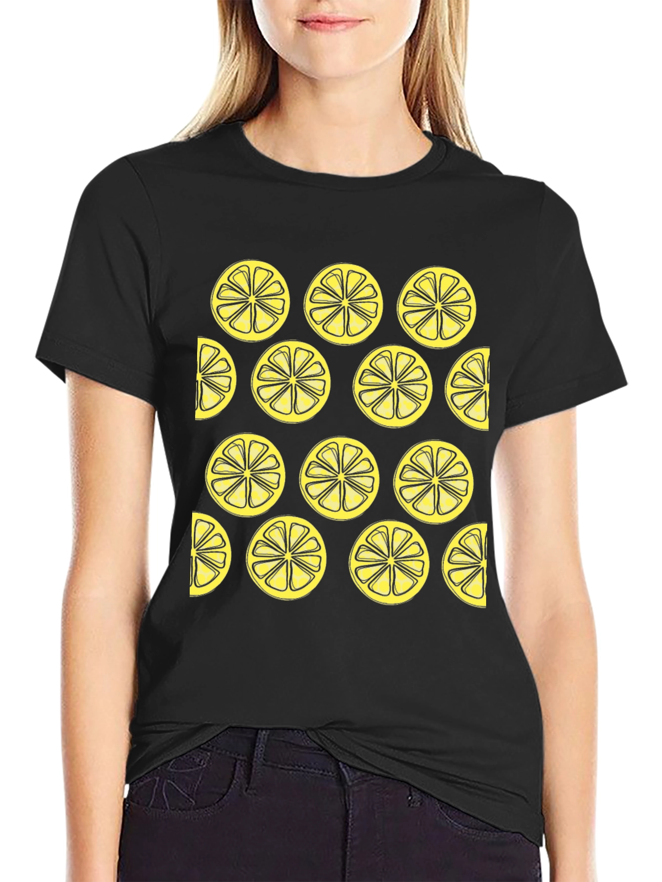 Lemon Slice Pattern Black Crewneck T-Shirt
