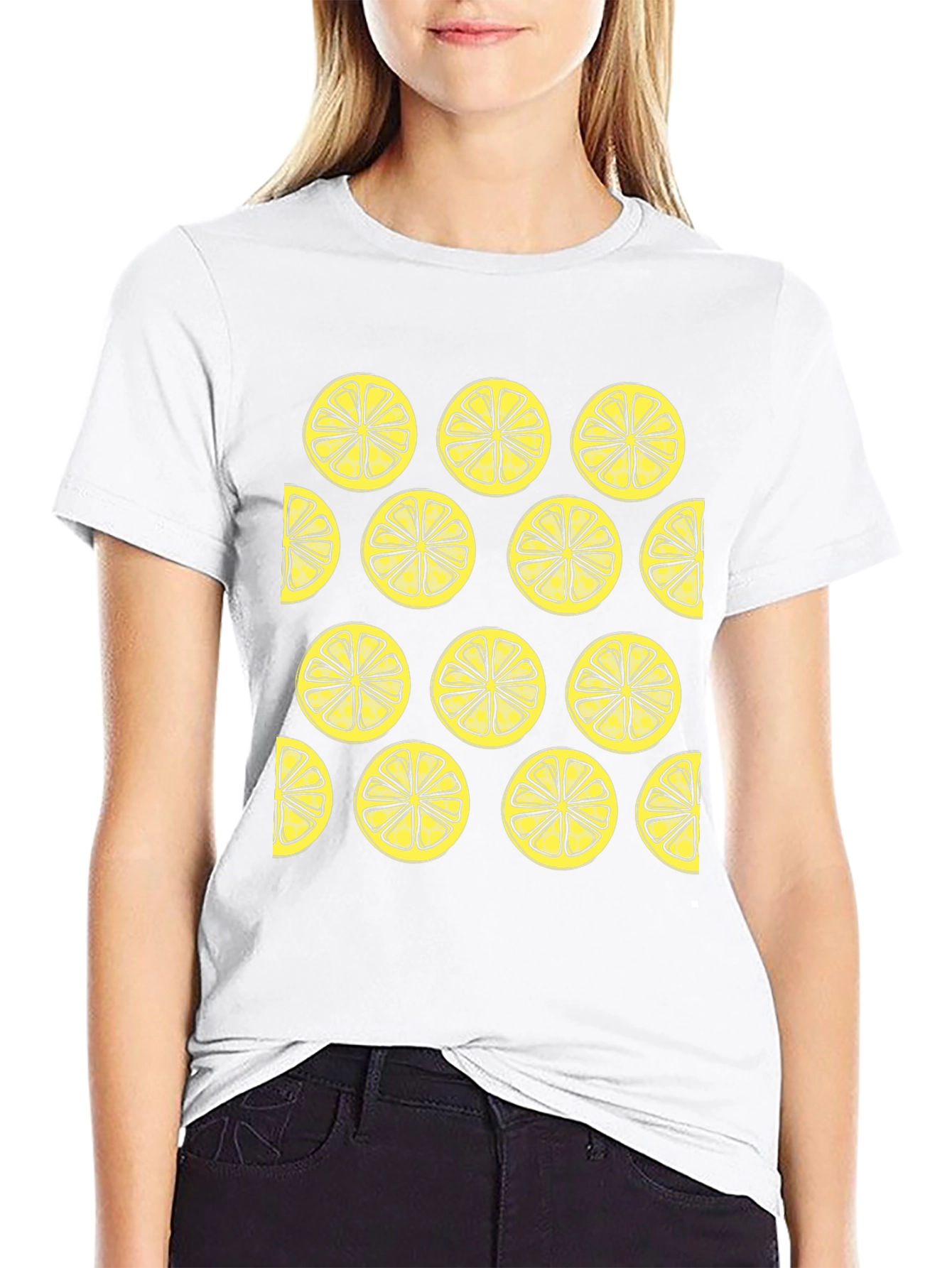 Lemon Slice Pattern Black Crewneck T-Shirt