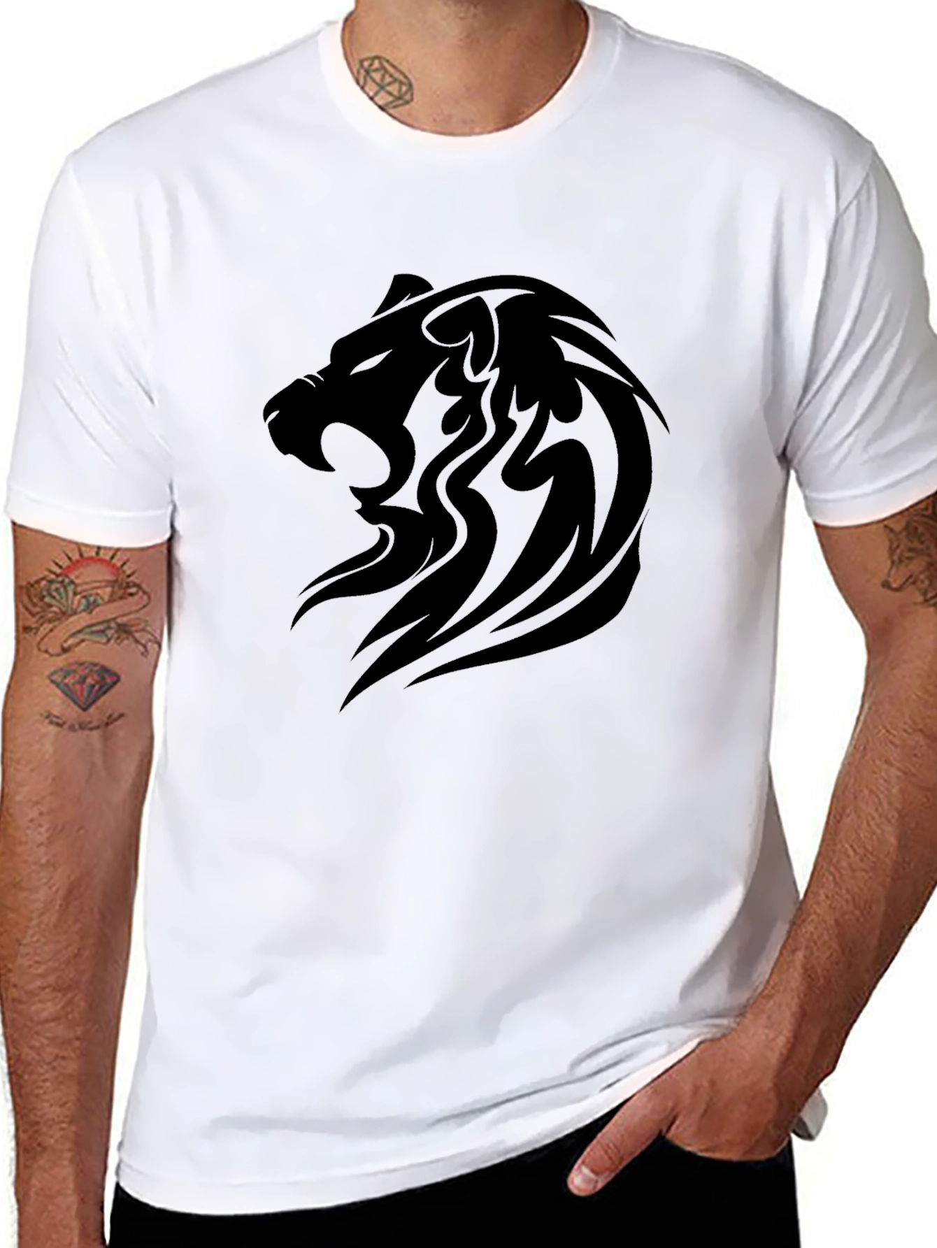 Mens Black Lion Graphic Tee - Bold Tribal Design