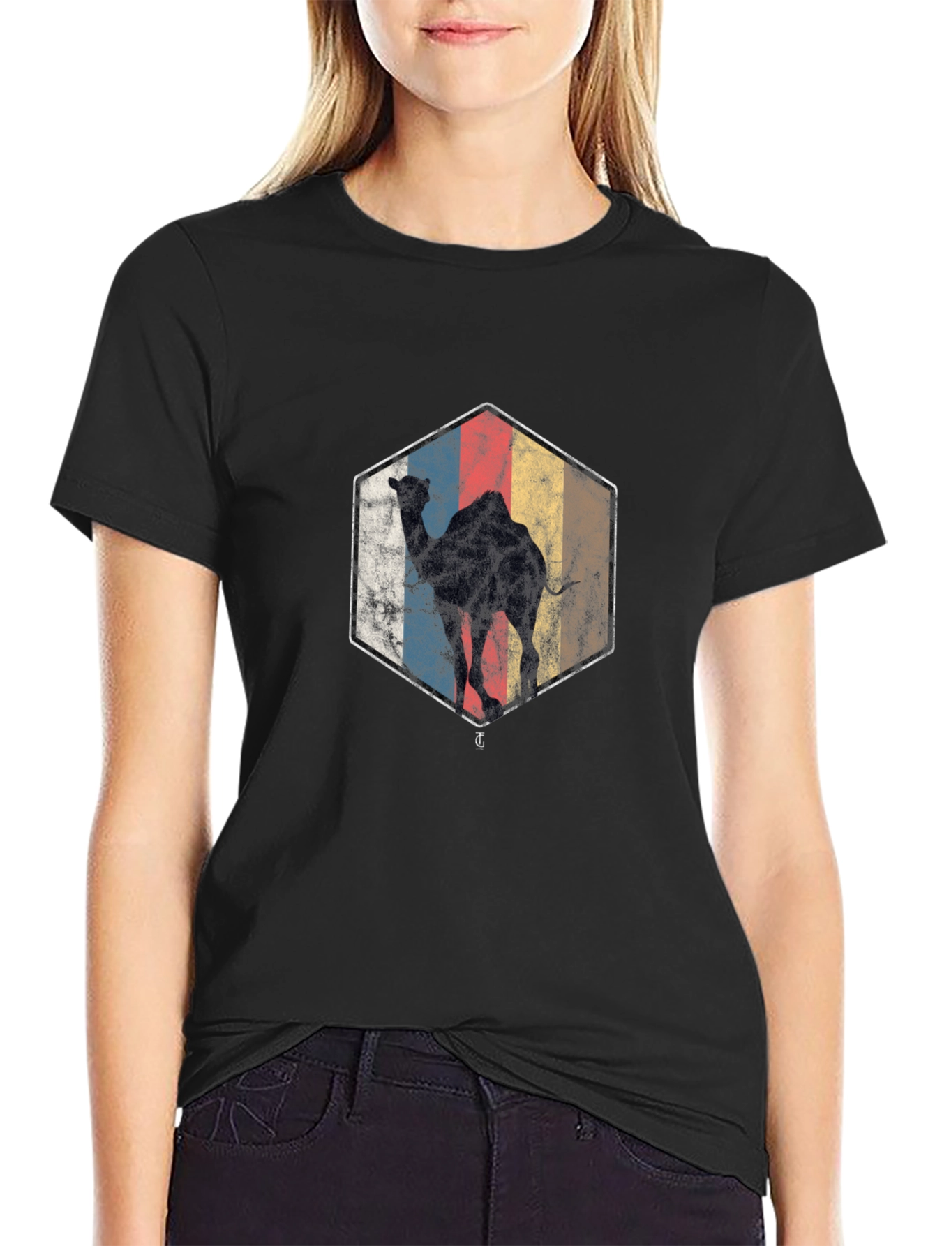 Retro Camel Graphic Tee - Black Cotton Blend Shirt