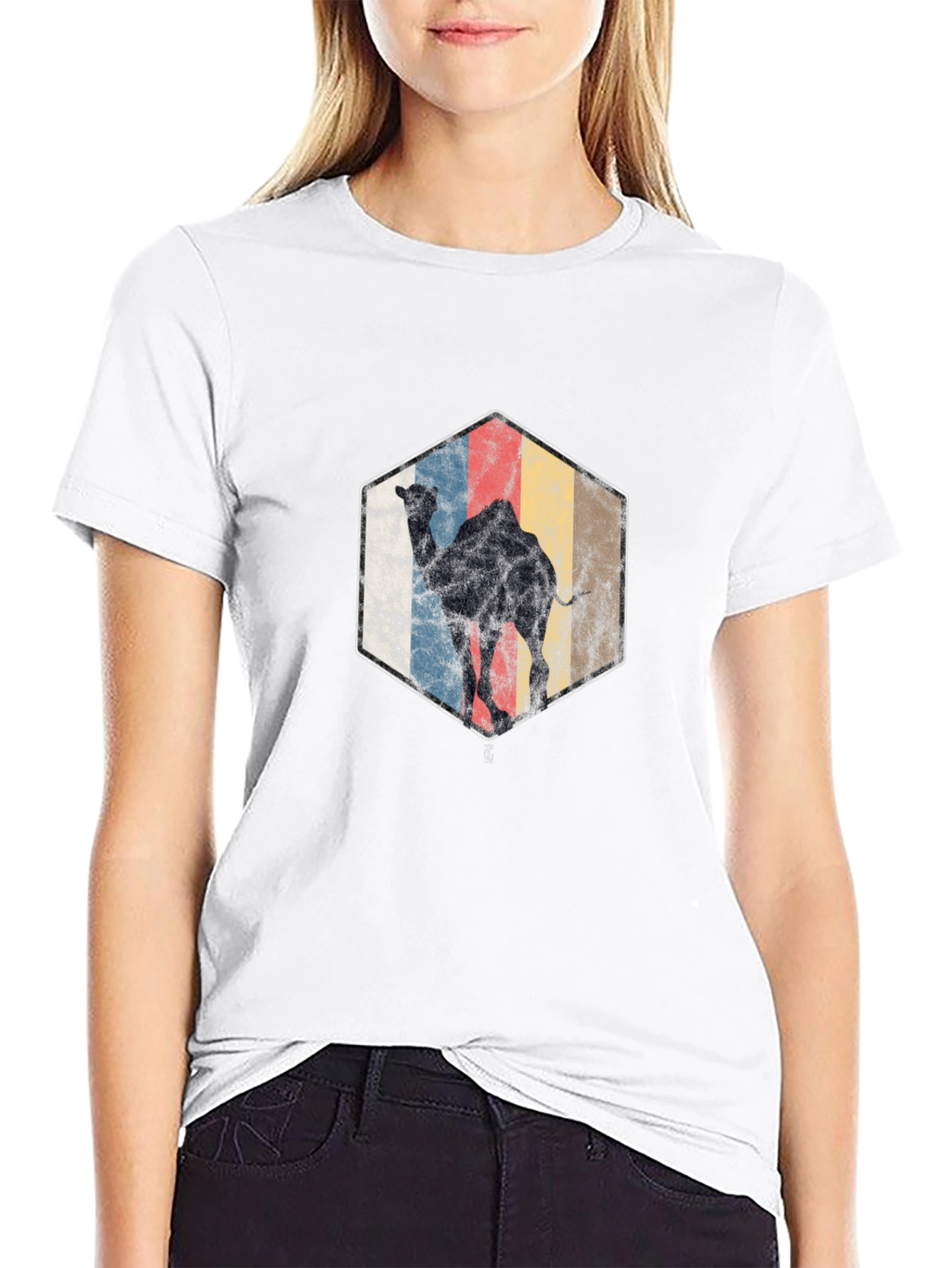Retro Camel Graphic Tee - Black Cotton Blend Shirt