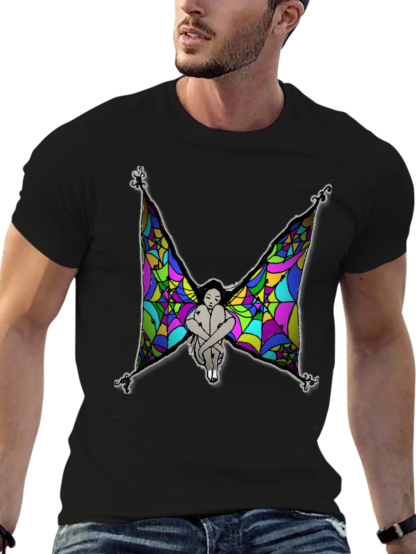 Mens Fairy Wings Graphic Print Black T-Shirt