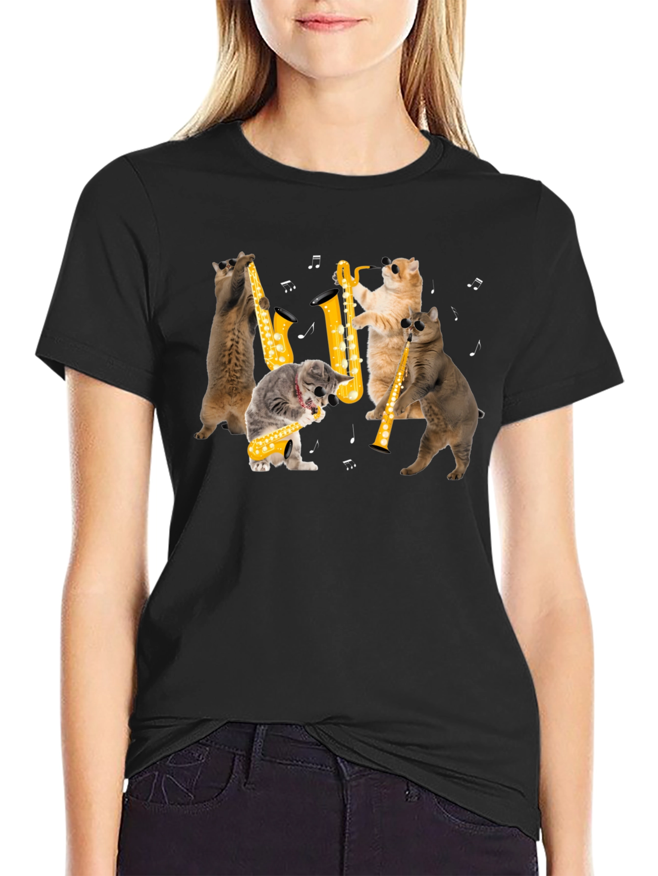 Cats Playing Saxophone Black T-Shirt