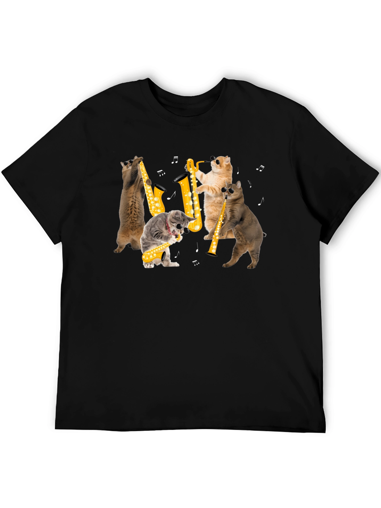 Cats Playing Saxophone Black T-Shirt