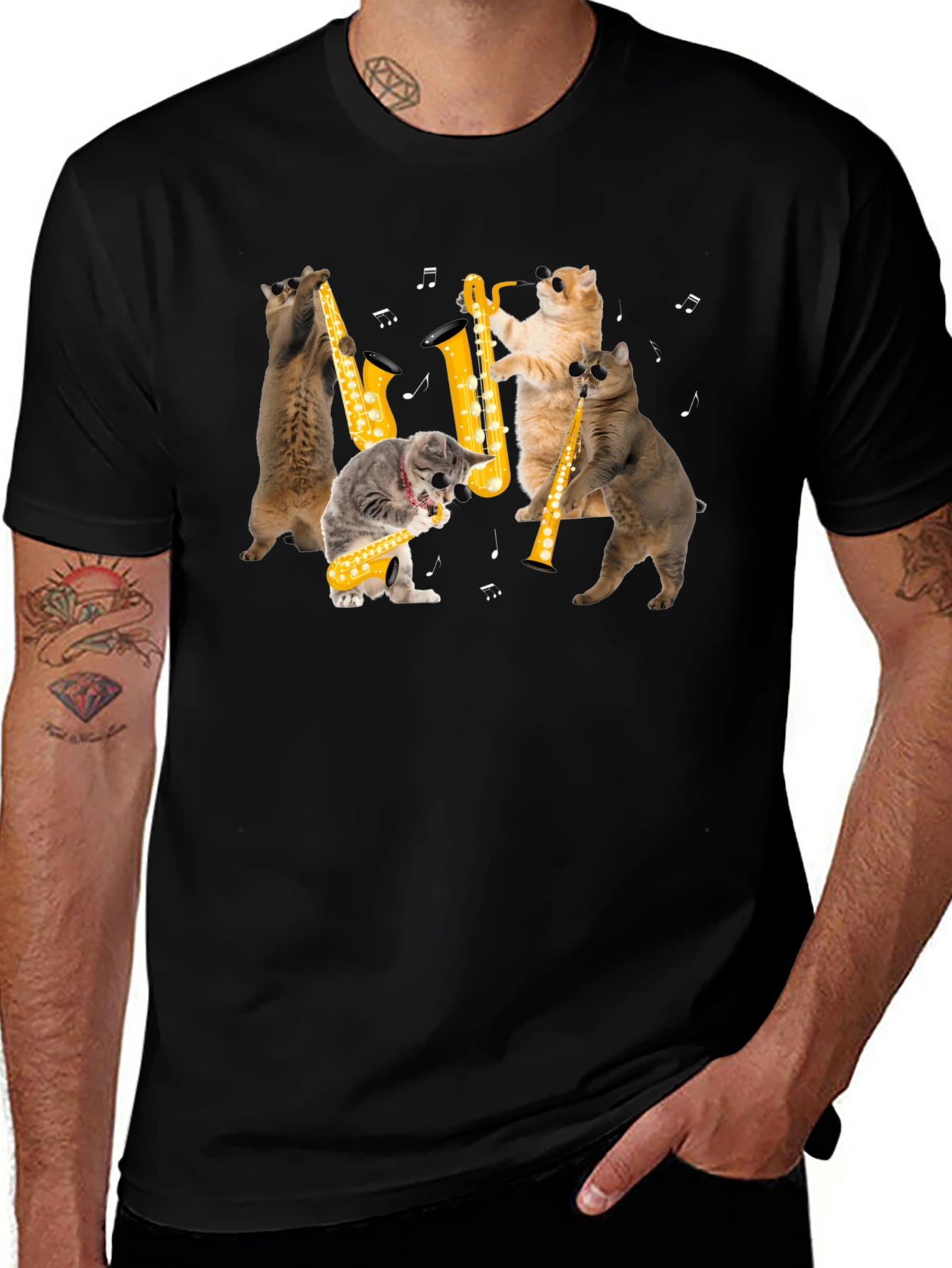 Cats Playing Saxophone Black T-Shirt