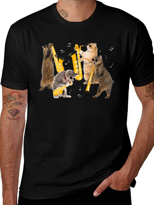 Cats Playing Saxophone Black T-Shirt