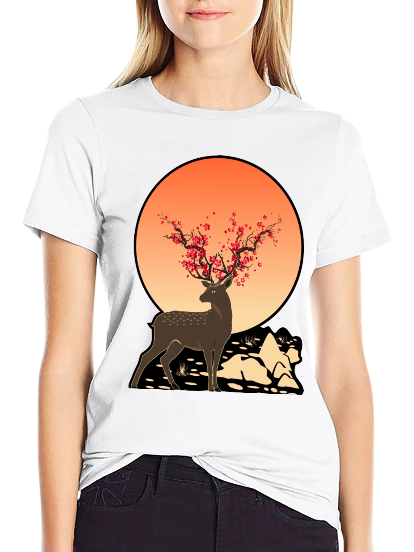 Deer Blossom Graphic Tee - Black Casual Shirt