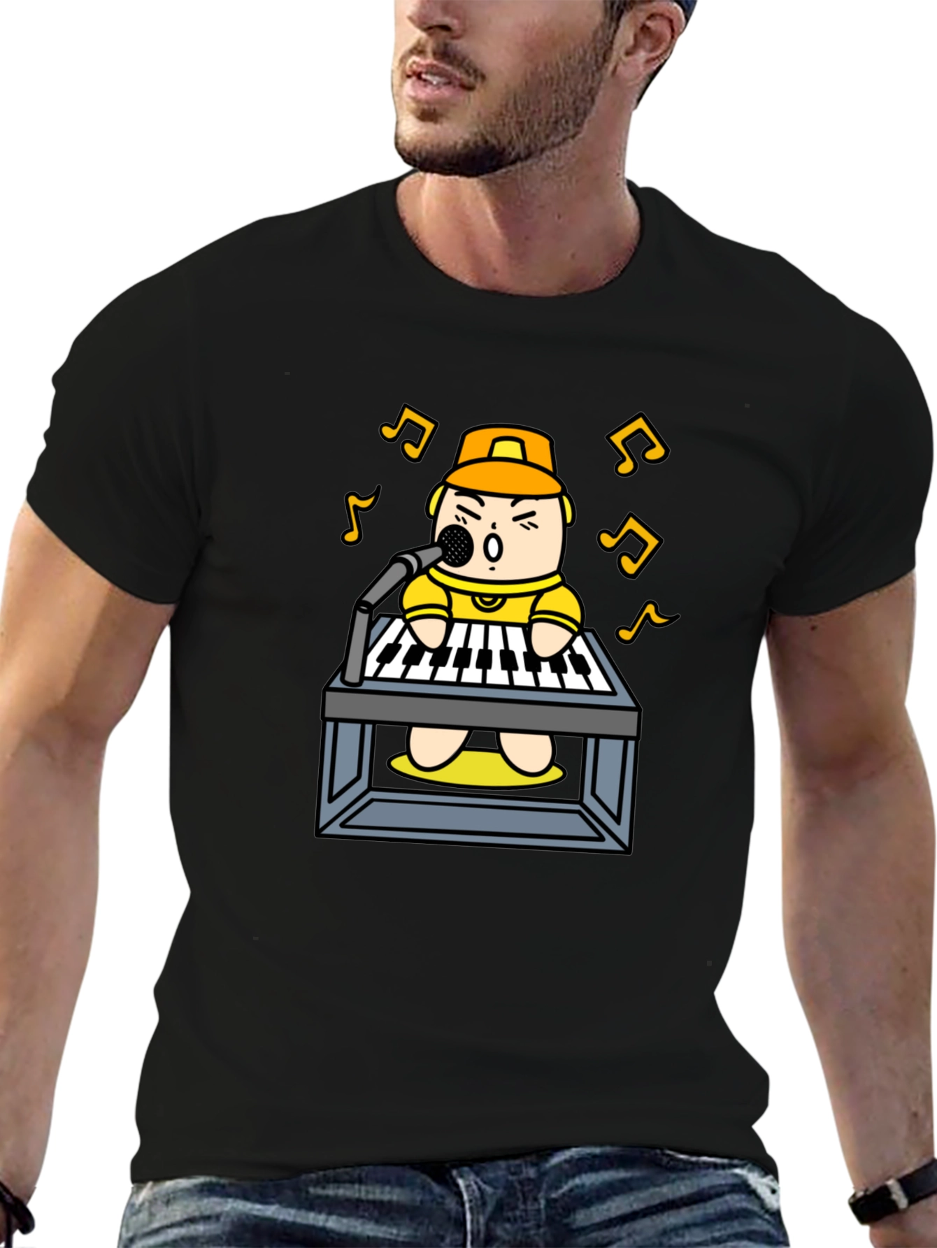 Cartoon Musician T-Shirt: Black Graphic Tee