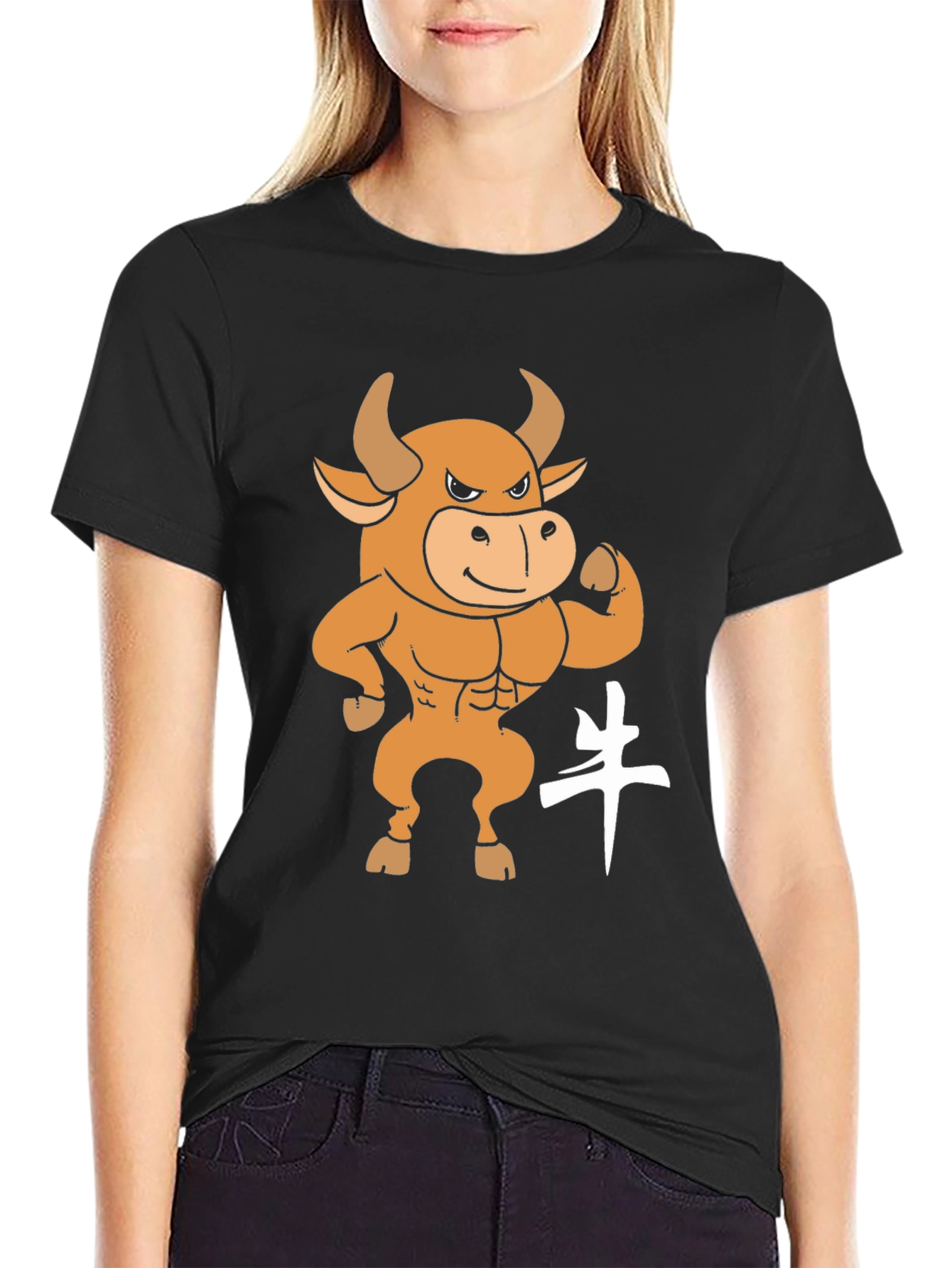 Black T-Shirt with Cartoon Bull Graphic