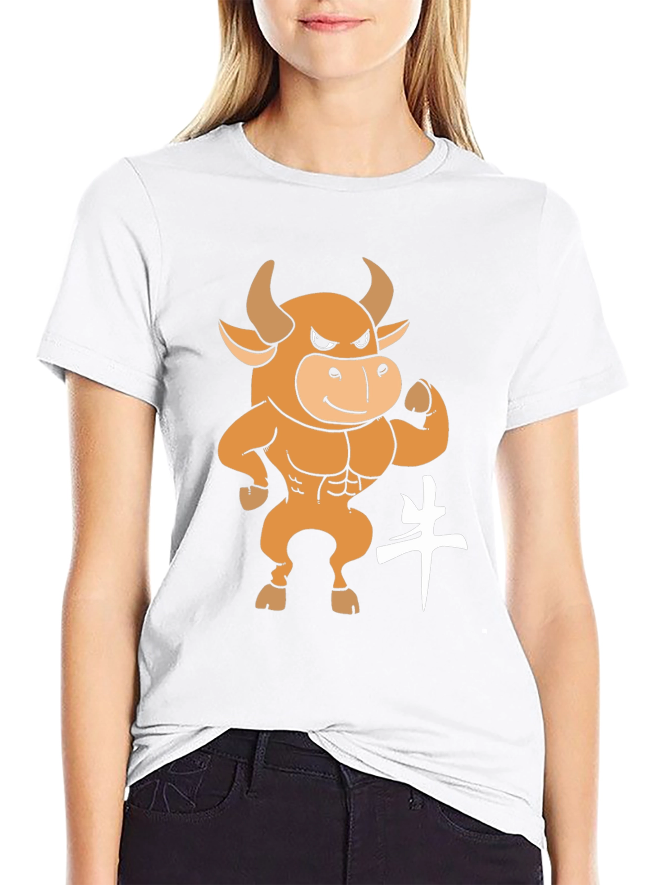 Black T-Shirt with Cartoon Bull Graphic