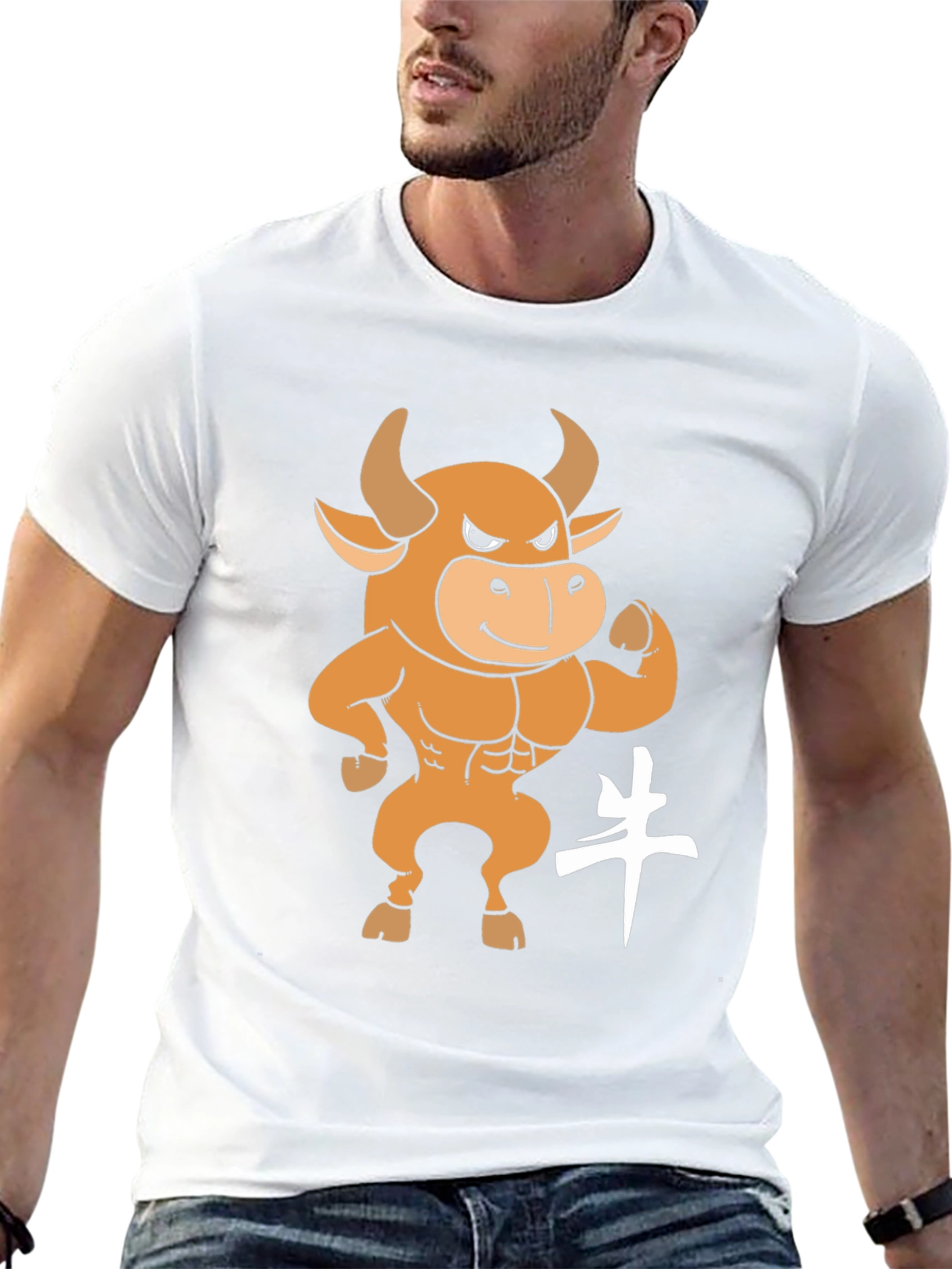 Black T-Shirt with Cartoon Bull Graphic