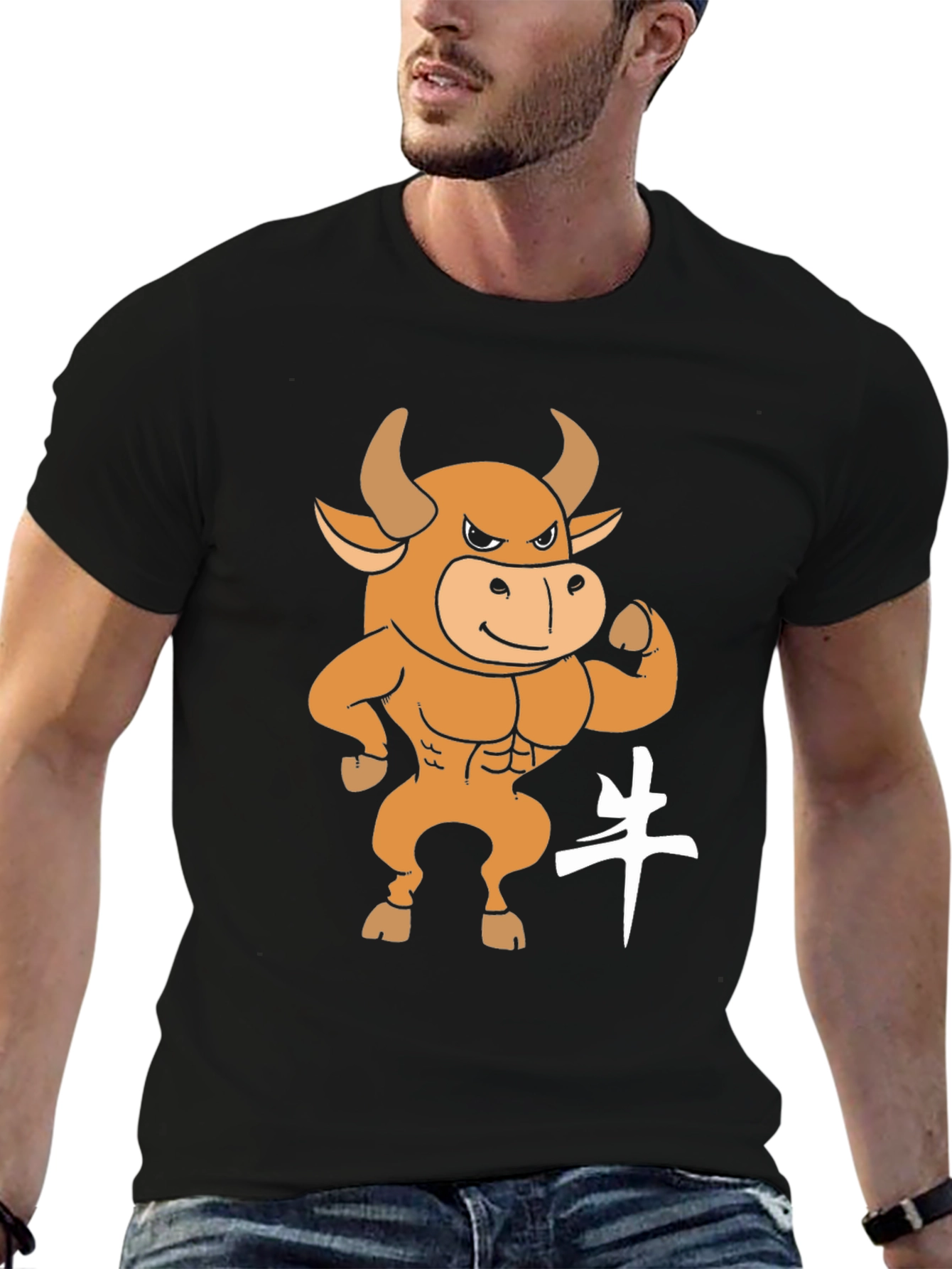 Black T-Shirt with Cartoon Bull Graphic