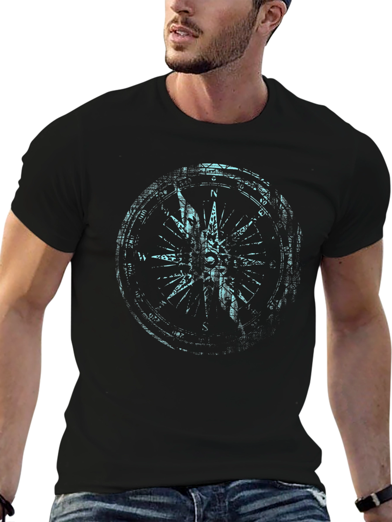 Mens Black Compass Graphic Print Tee