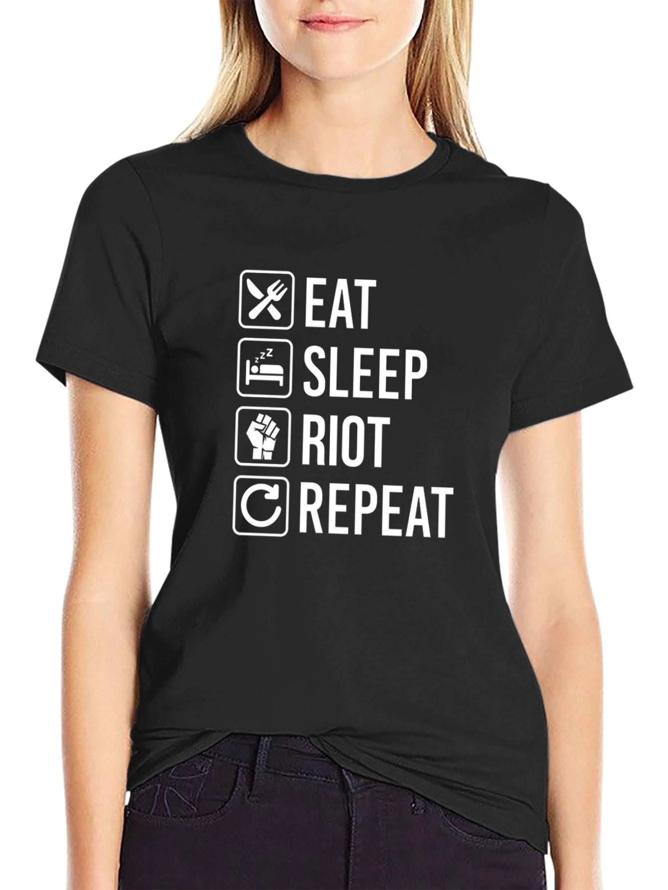 Eat Sleep Riot Repeat Black T-Shirt