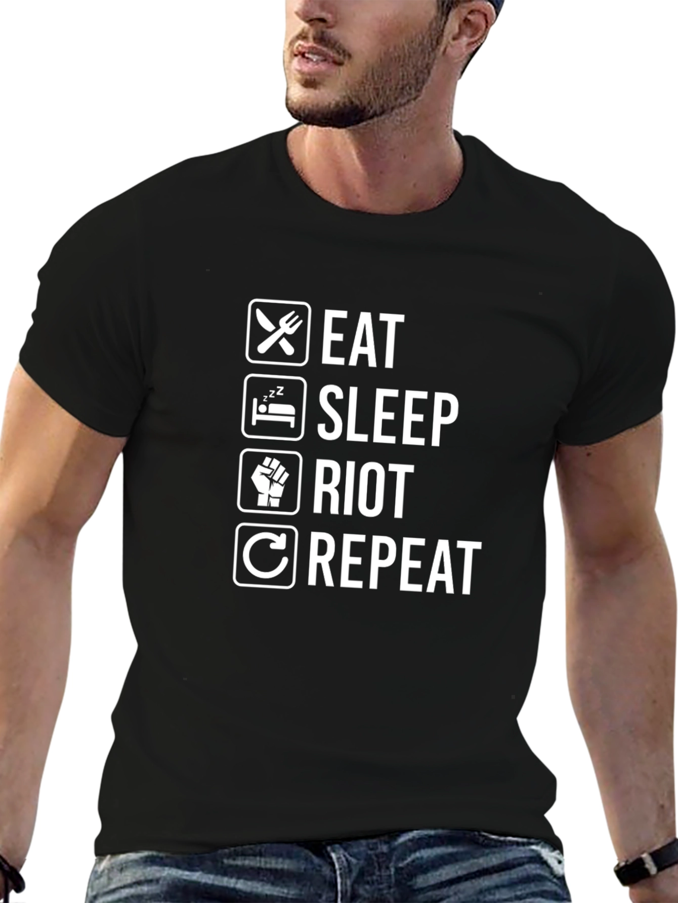 Eat Sleep Riot Repeat Black T-Shirt
