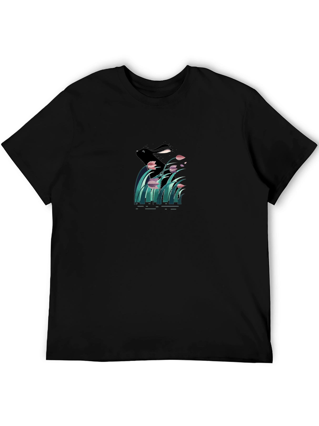 Black Graphic T-Shirt - Rabbit in Reed Design