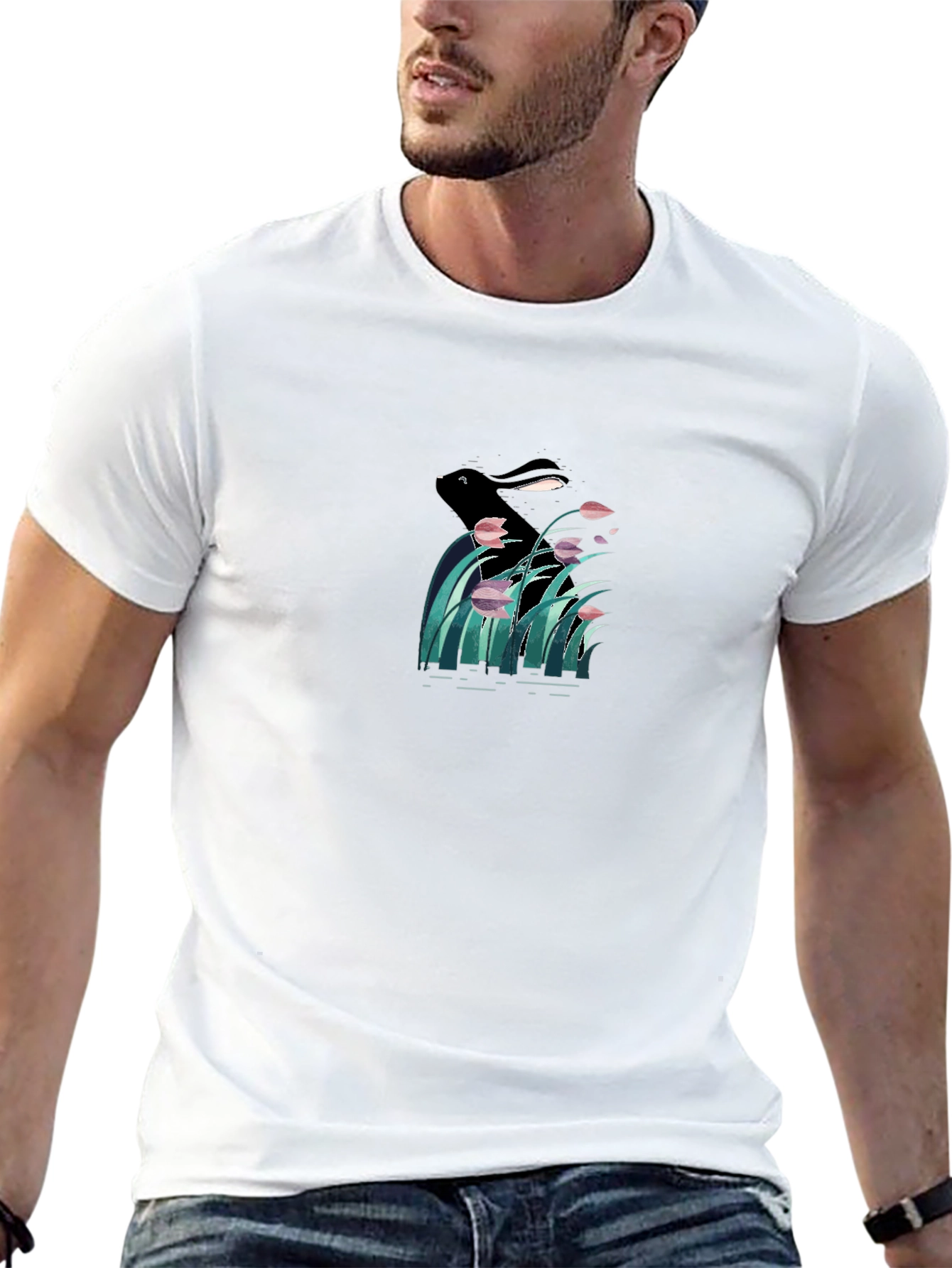 Black Graphic T-Shirt - Rabbit in Reed Design