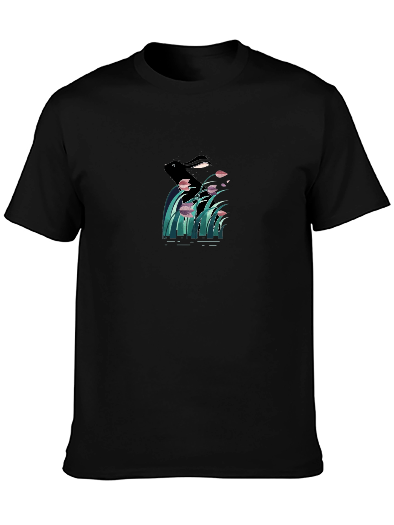 Black Graphic T-Shirt - Rabbit in Reed Design
