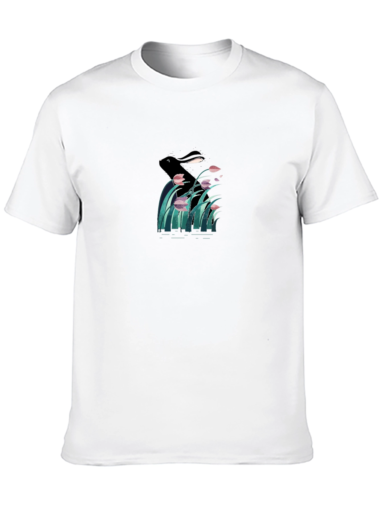 Black Graphic T-Shirt - Rabbit in Reed Design