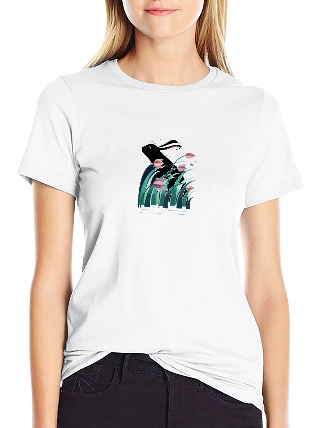 Black Graphic T-Shirt - Rabbit in Reed Design
