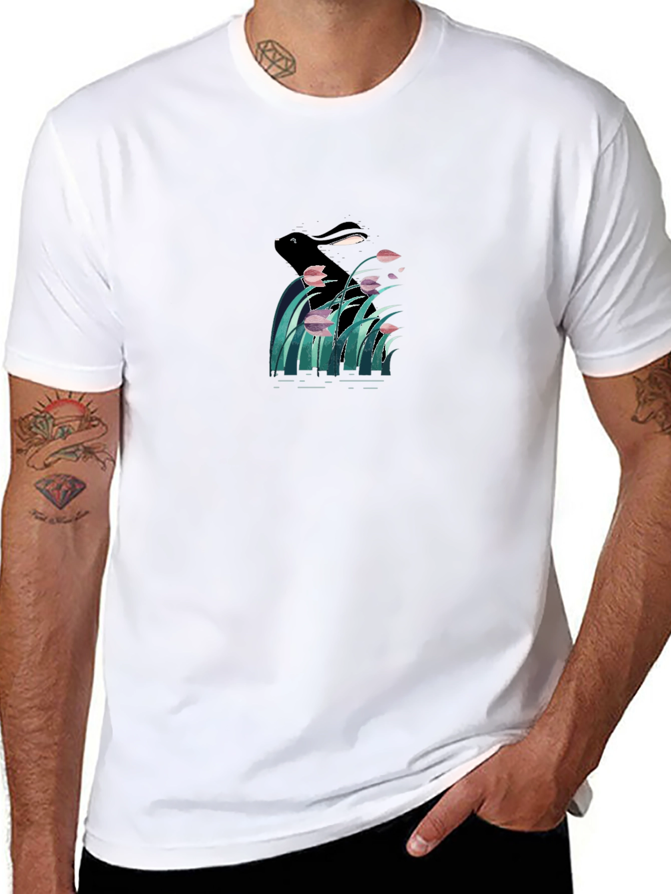 Black Graphic T-Shirt - Rabbit in Reed Design