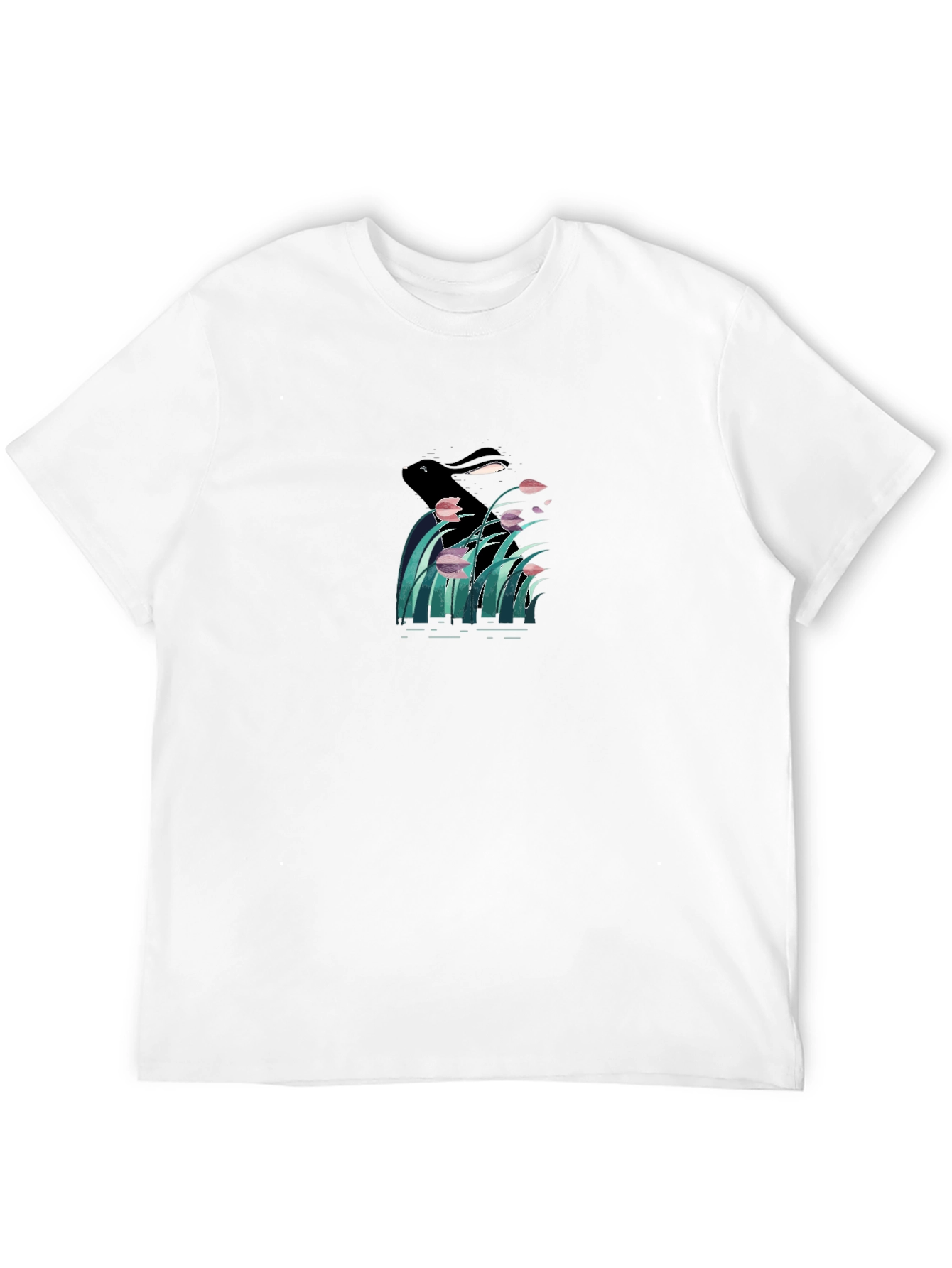 Black Graphic T-Shirt - Rabbit in Reed Design