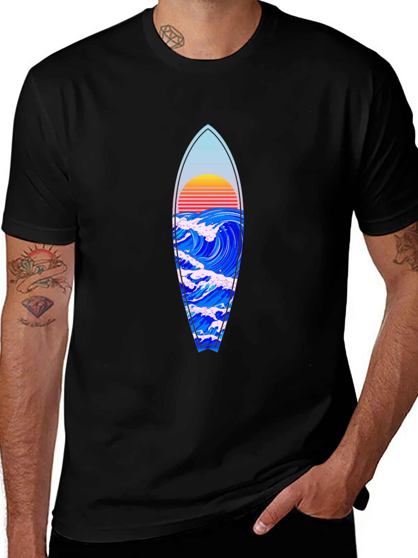 Surfboard Wave Graphic Tee - Black