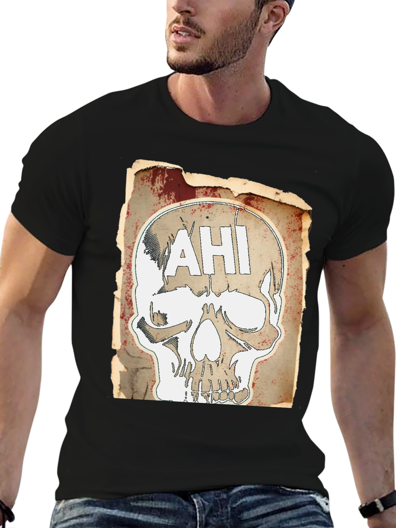 Edgy AHI Skull Graphic Black T-Shirt