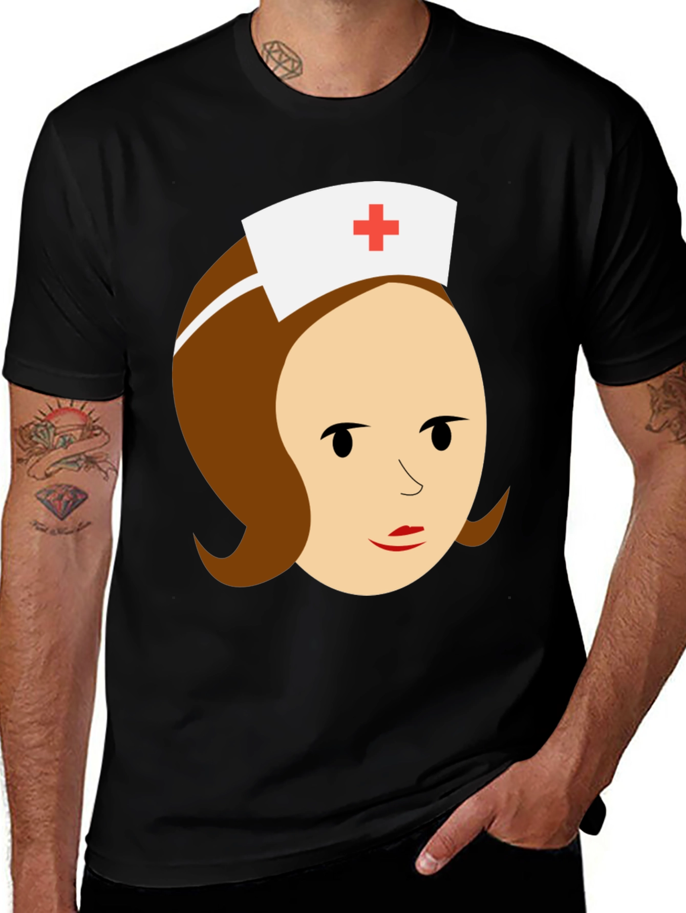 Cartoon Nurse Graphic Tee - Black Cotton T-Shirt