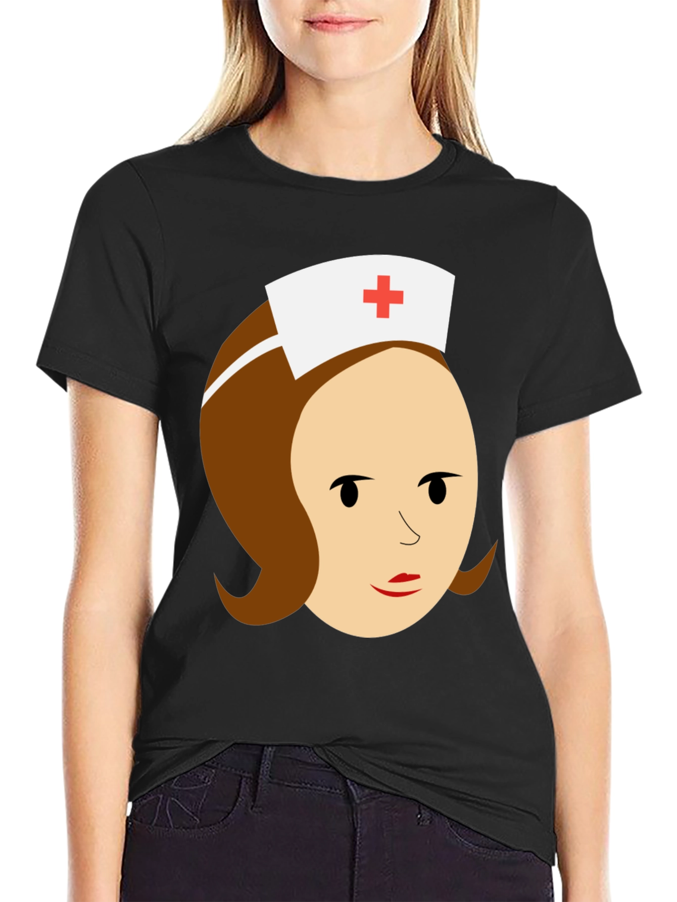 Cartoon Nurse Graphic Tee - Black Cotton T-Shirt