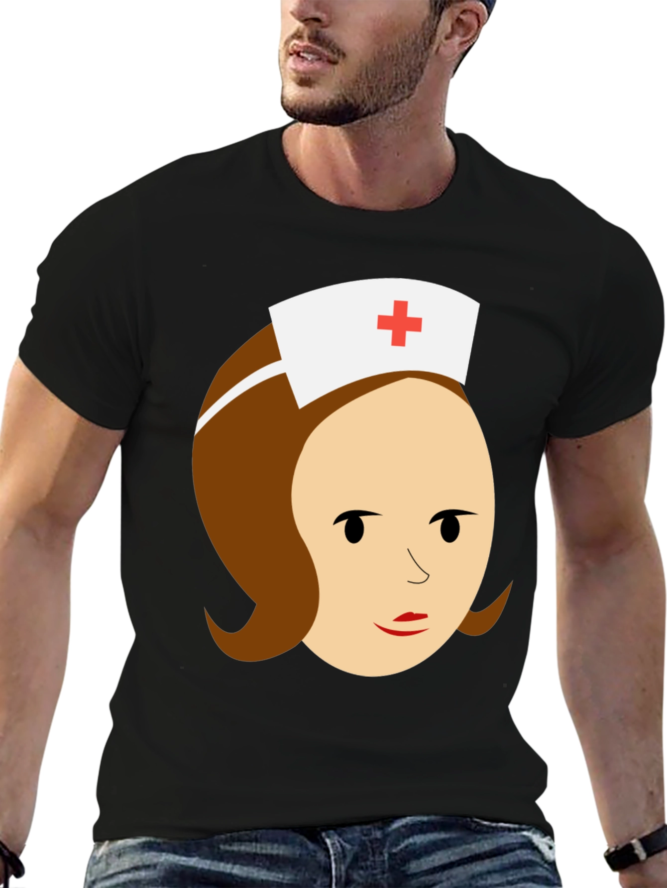 Cartoon Nurse Graphic Tee - Black Cotton T-Shirt