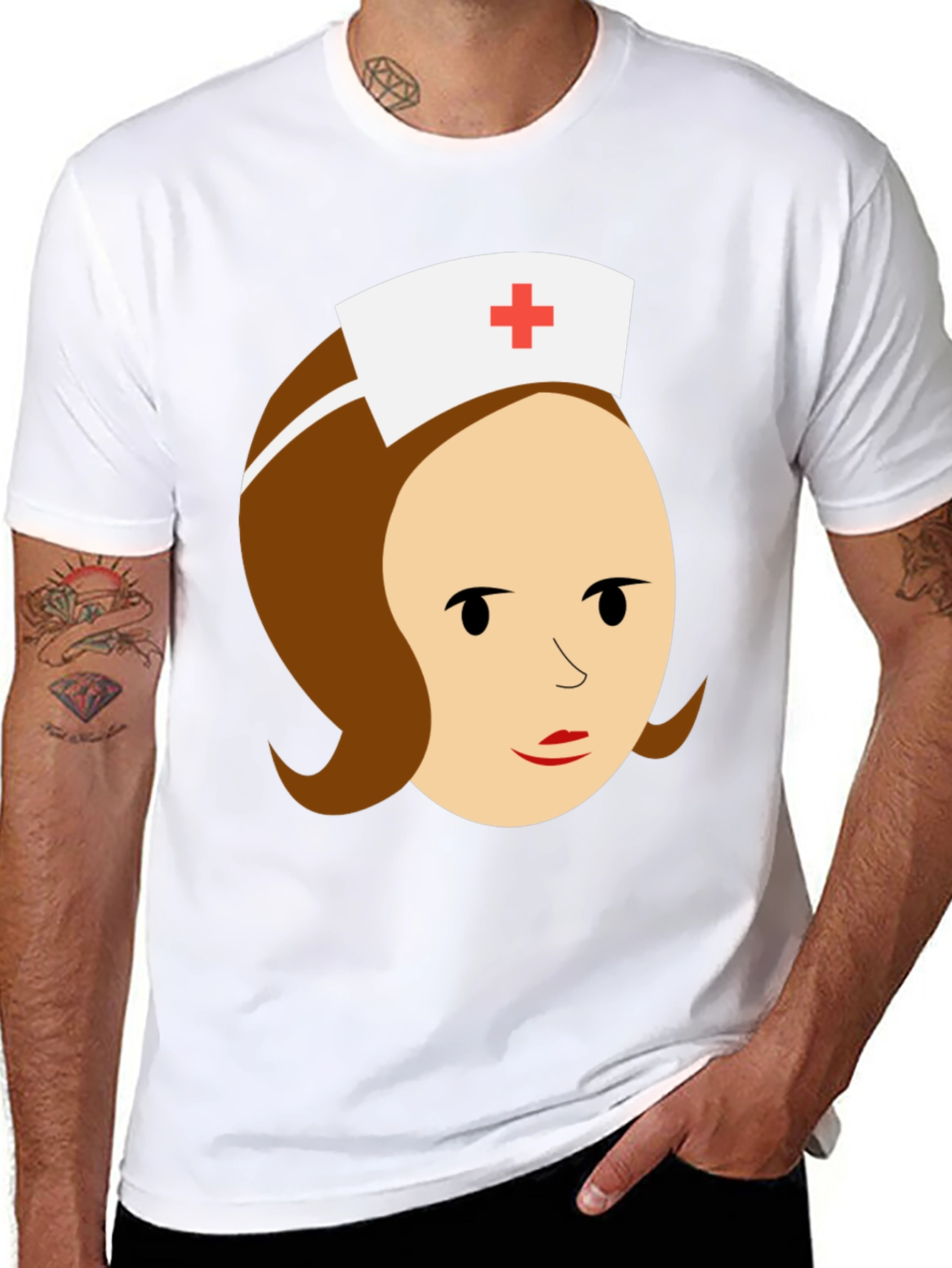 Cartoon Nurse Graphic Tee - Black Cotton T-Shirt
