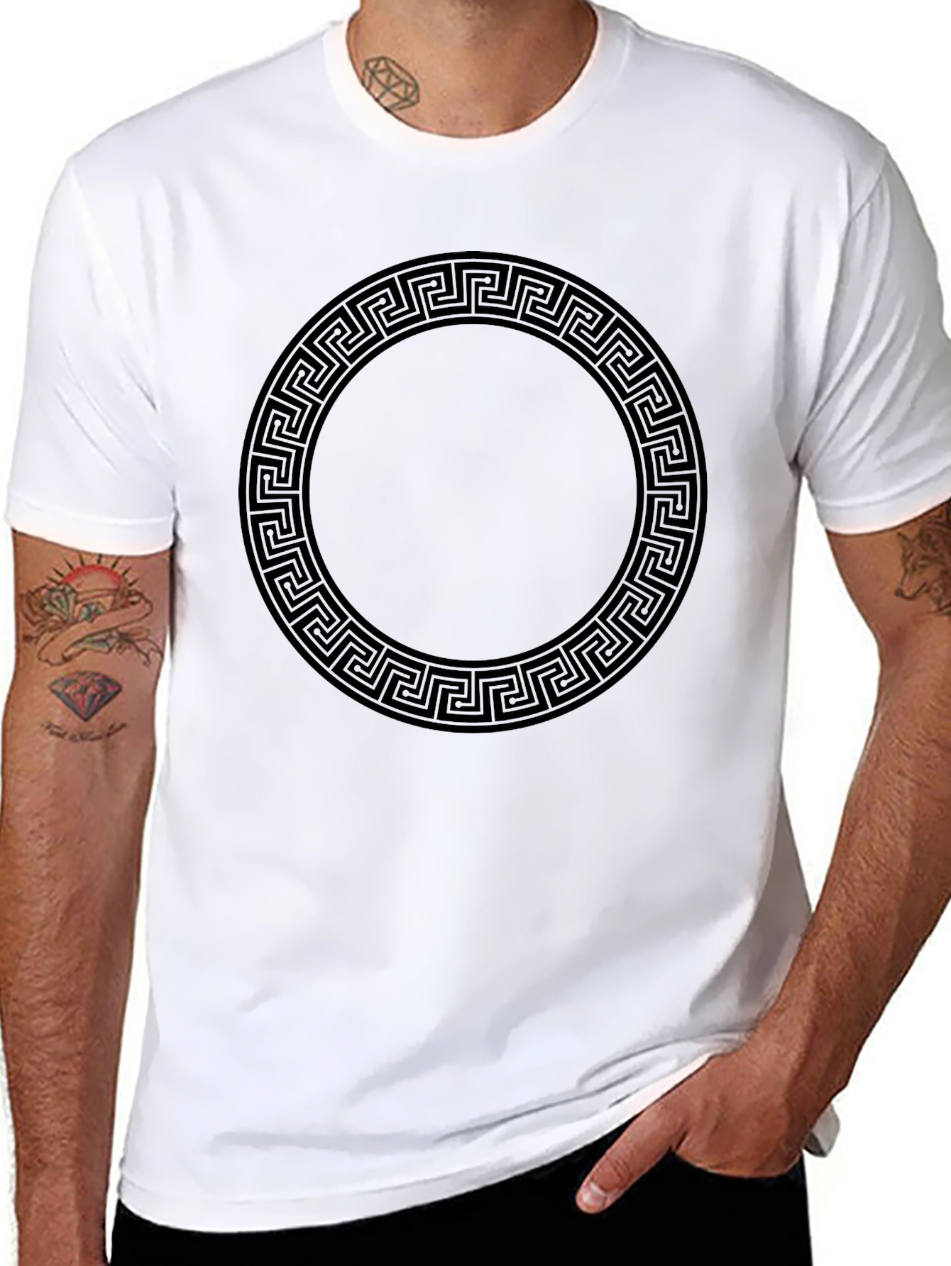 Black T-Shirt with Greek Key Circle Design