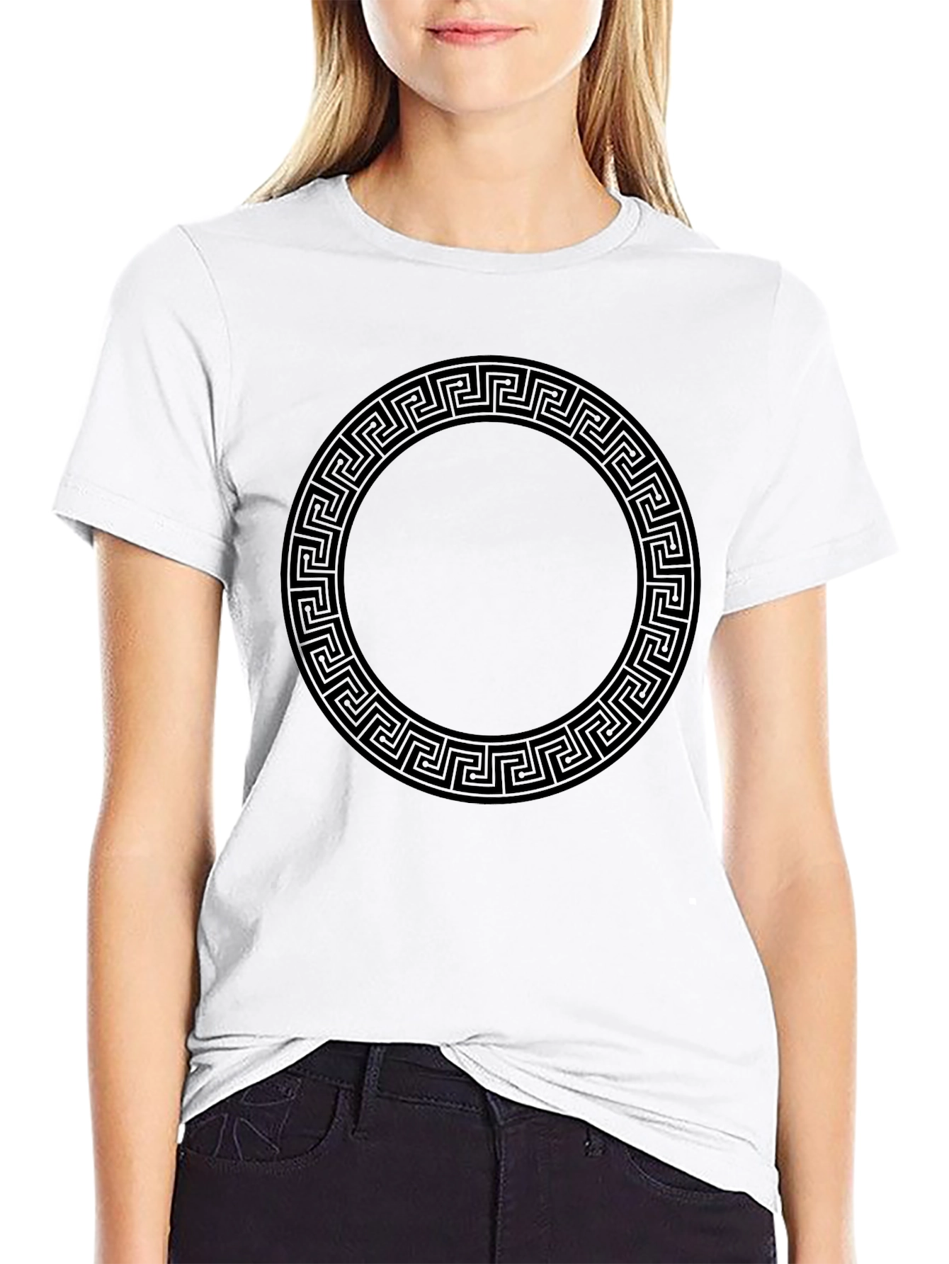 Black T-Shirt with Greek Key Circle Design
