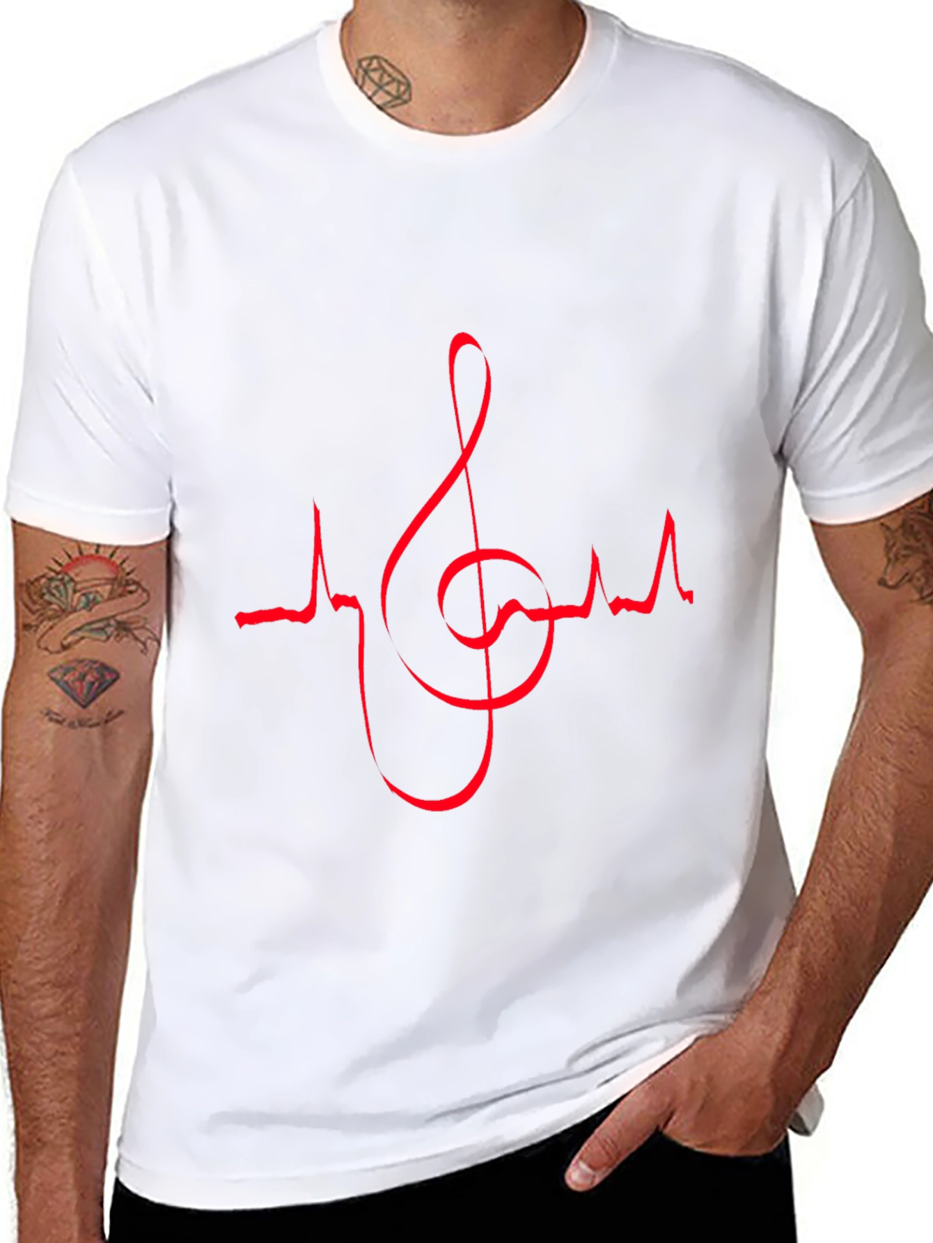 Music Lovers Black T-Shirt with Red Heartbeat Treble Clef