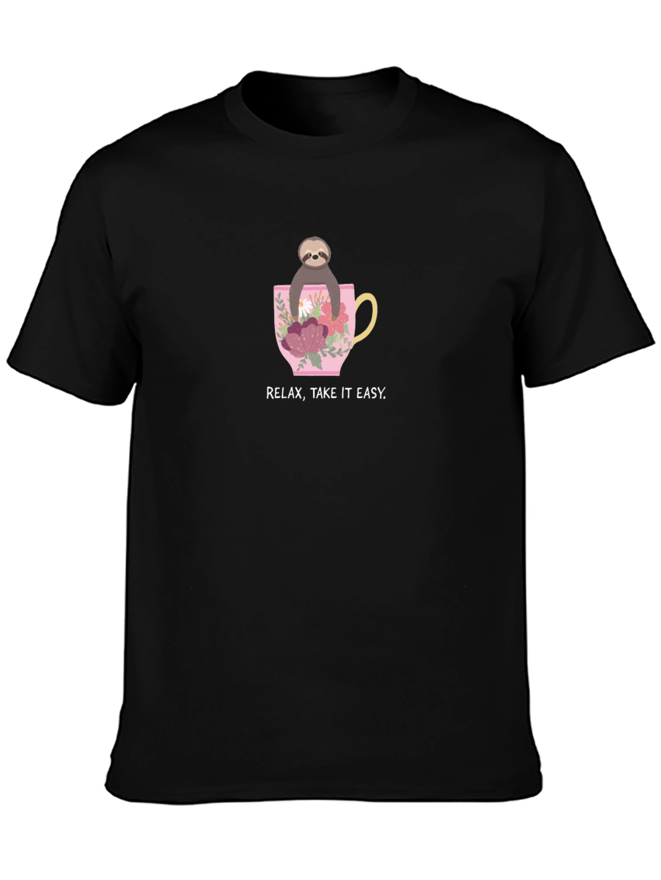 Relax Take it Easy Sloth in Teacup Black T-Shirt