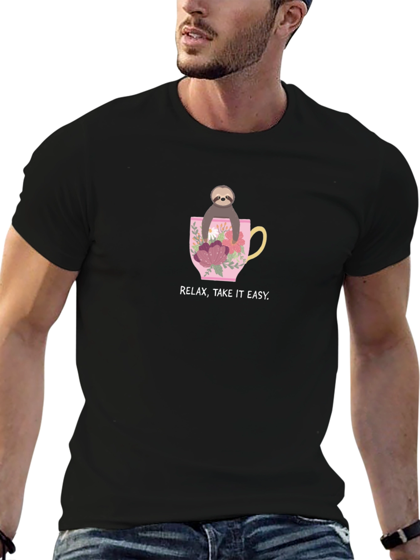 Relax Take it Easy Sloth in Teacup Black T-Shirt