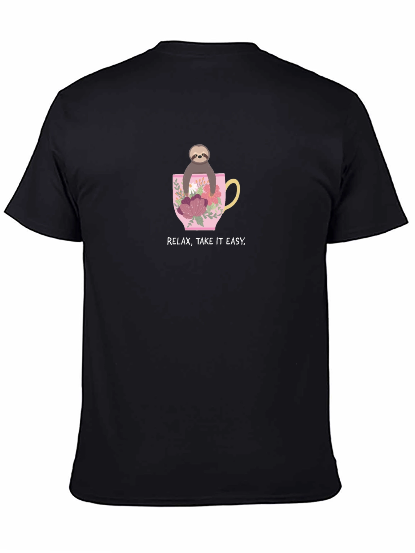 Relax Take it Easy Sloth in Teacup Black T-Shirt