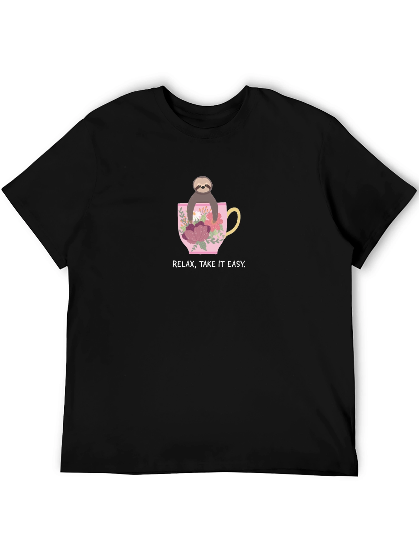 Relax Take it Easy Sloth in Teacup Black T-Shirt
