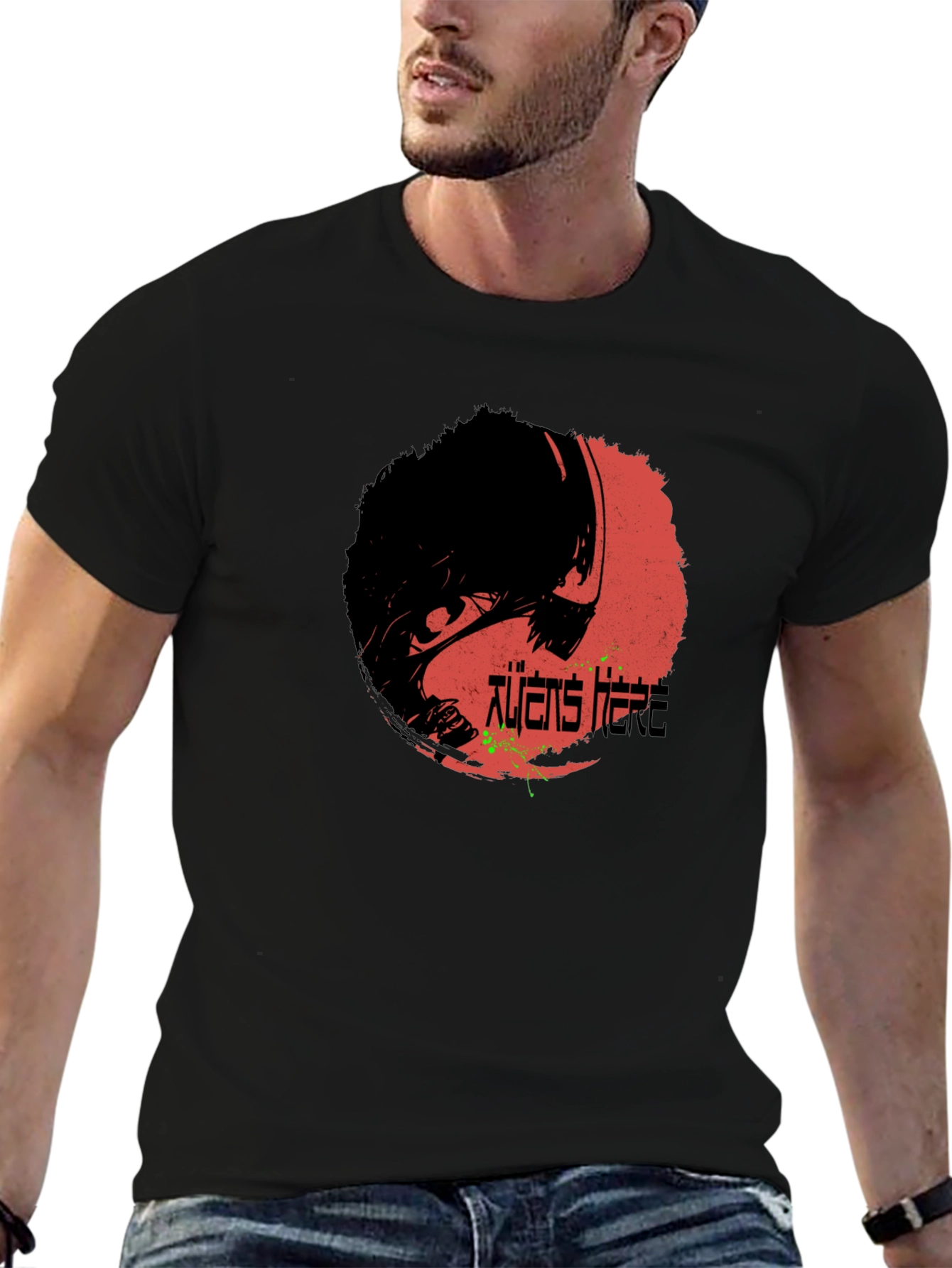 Aliens Here Graphic T-Shirt - Black Cotton Tee
