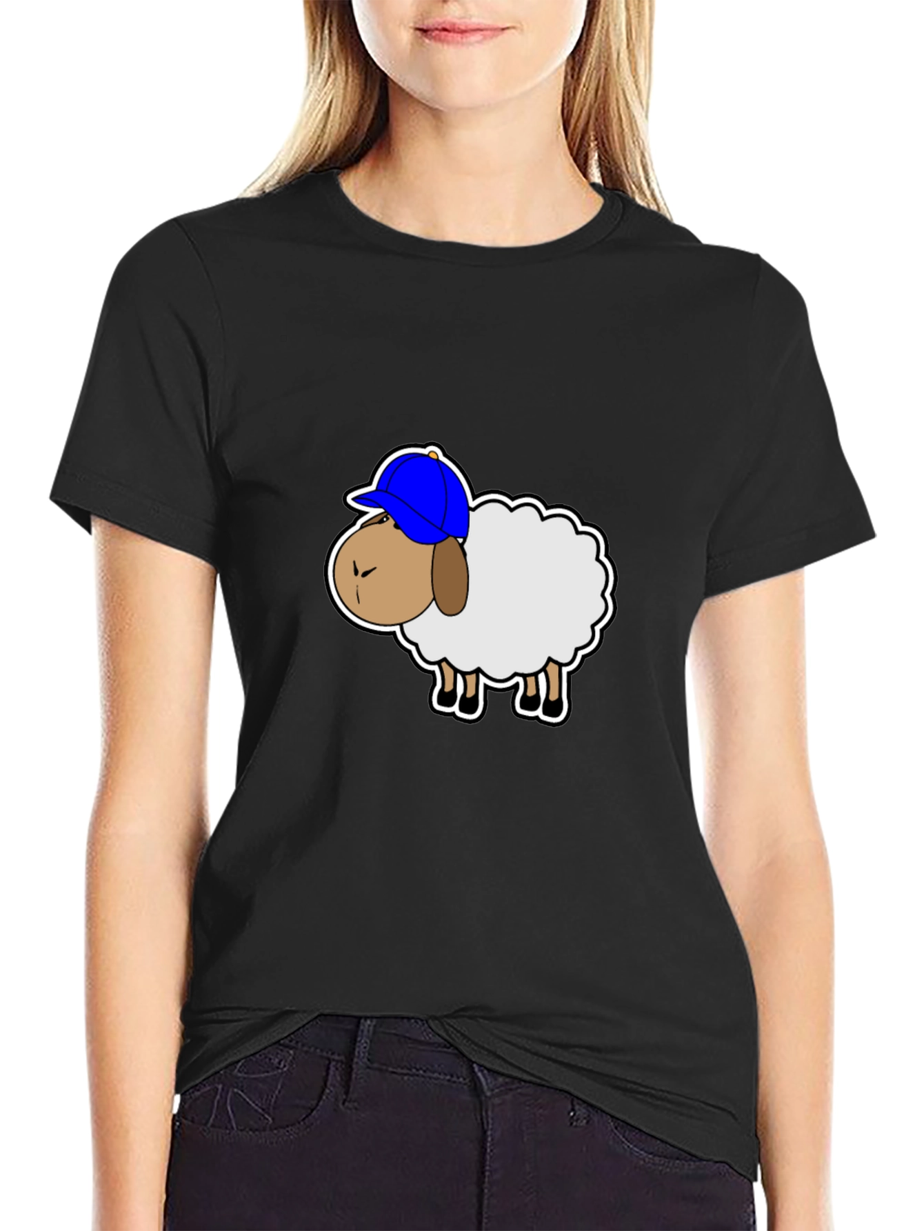 Funny Sheep with Hat Graphic Tee - Black