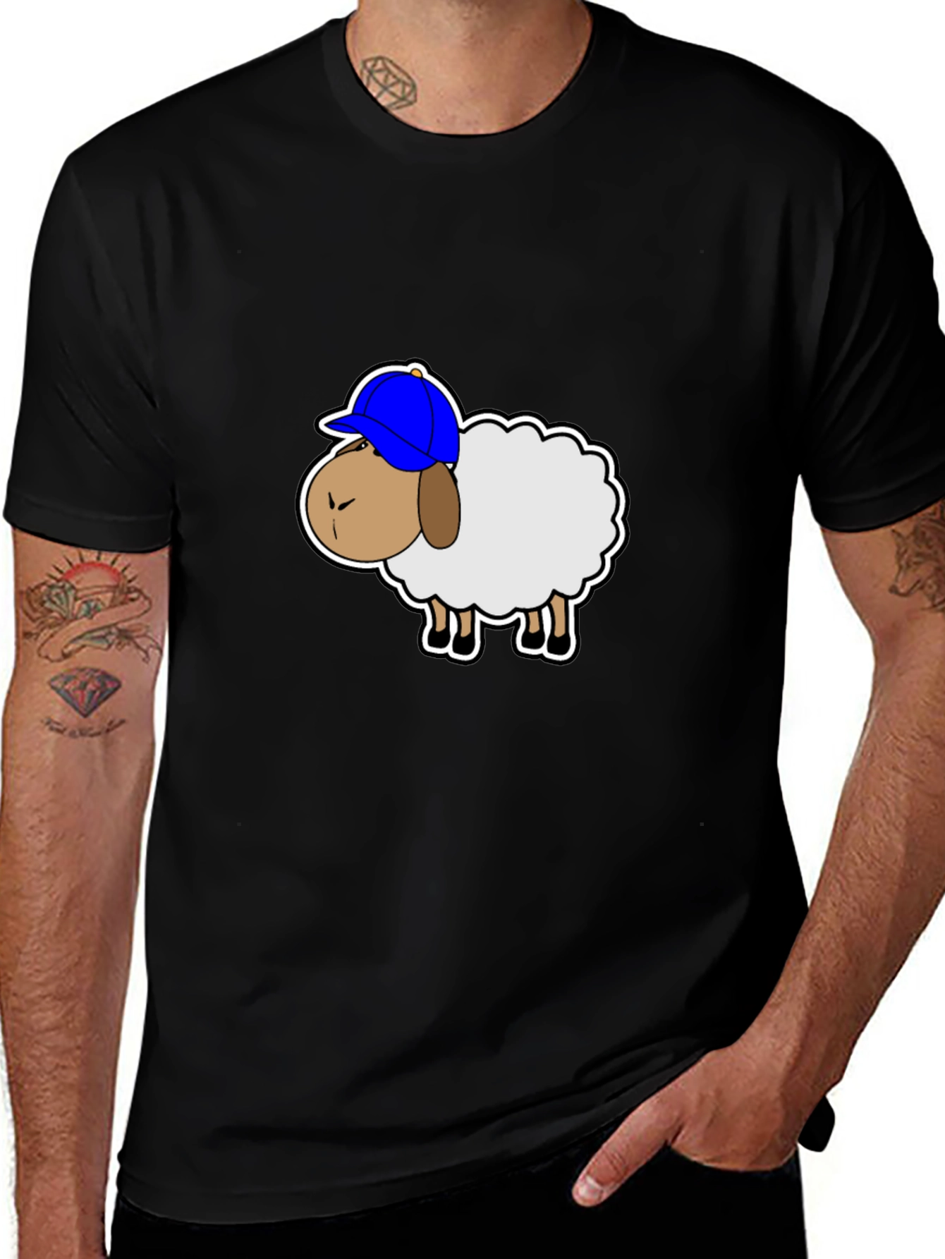 Funny Sheep with Hat Graphic Tee - Black